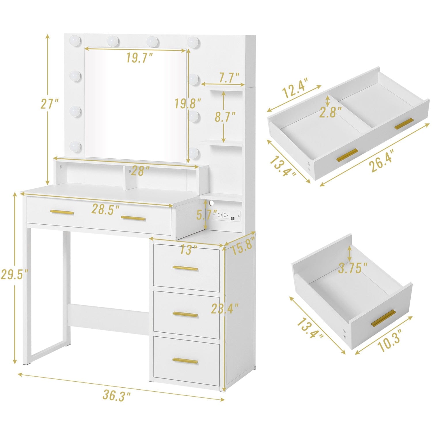 Sikaic Makeup Vanity Makeup Vanity with Lights Charging Station Mirror Drawers White