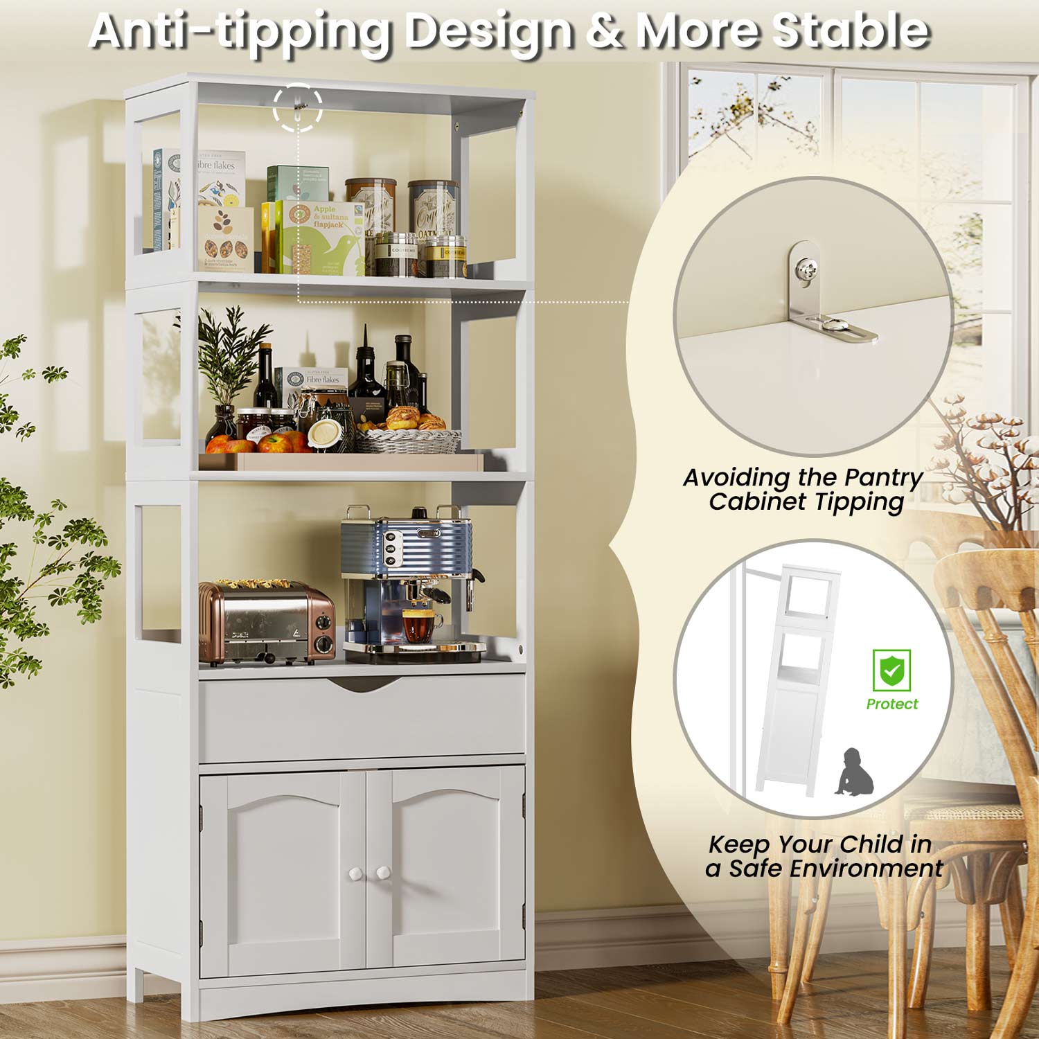 Sikaic Cabinets & Storage 64 Inches Freestanding Storage Cabinet with Shelves and Drawer Microwave Space Cupboard White