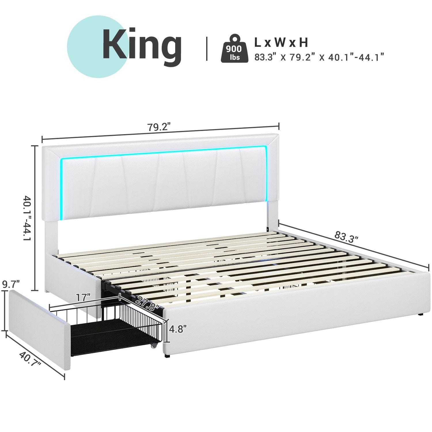 Sikaic Beds & Bed Frames Faux Leather Platform LED Bed Frame with Storage Drawers and USB Ports Adjustable Headboard White