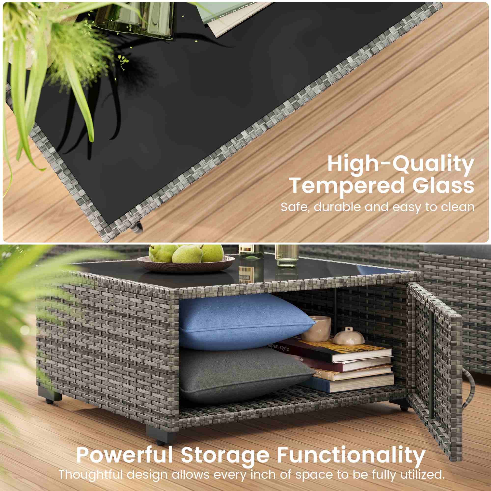 Sikaic Sofa 8PCS 7 Person Rattan Outdoor Sectional Sofa Seating Group Storage Table Set Blue Grey Blue Grey / Metal / Modern