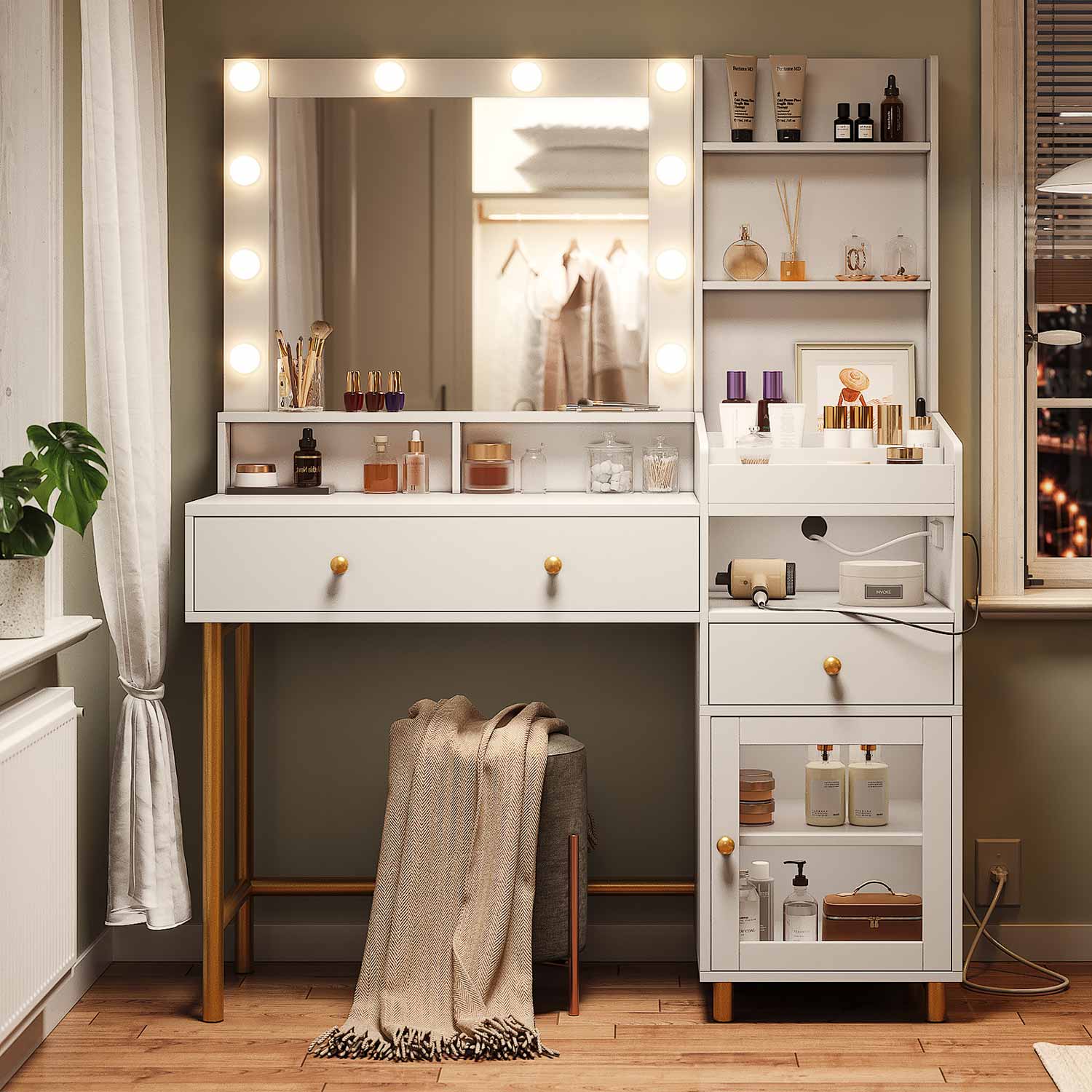 Sikaic Makeup Vanity LED Makeup Vanity with Mirror Charging Station Open Storage Shelves 3-Compartment Organizer White