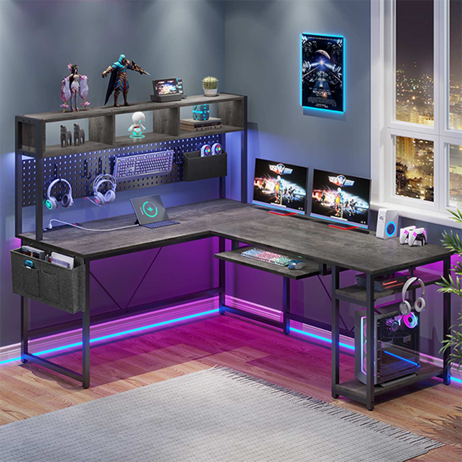 Sikaic Gaming Desk L Shaped Reversible Gaming Desk With Power Outlets Keyboard Tray Grey