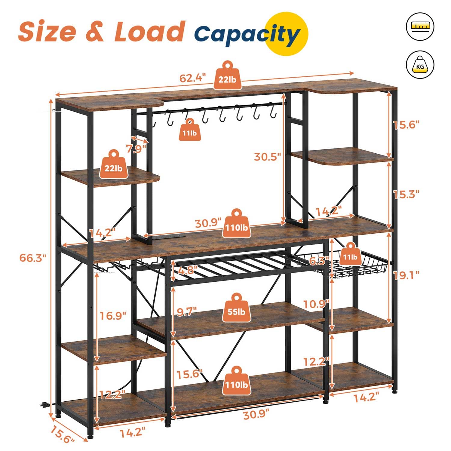 Sikaic Coffee Bar Coffee Bar with Power Outlet and Bakers Rack Microwave Stand Storage Shelves Wine Rack Goblet Holder Hooks Wire Basket Brown