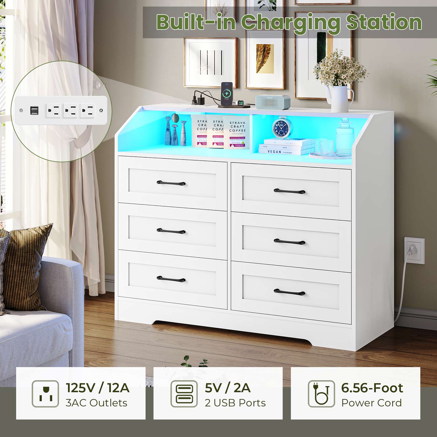 Sikaic Dresser LED 6 Drawers Dresser with Charging Station Open Space Large Capacity Storage Cabinet White