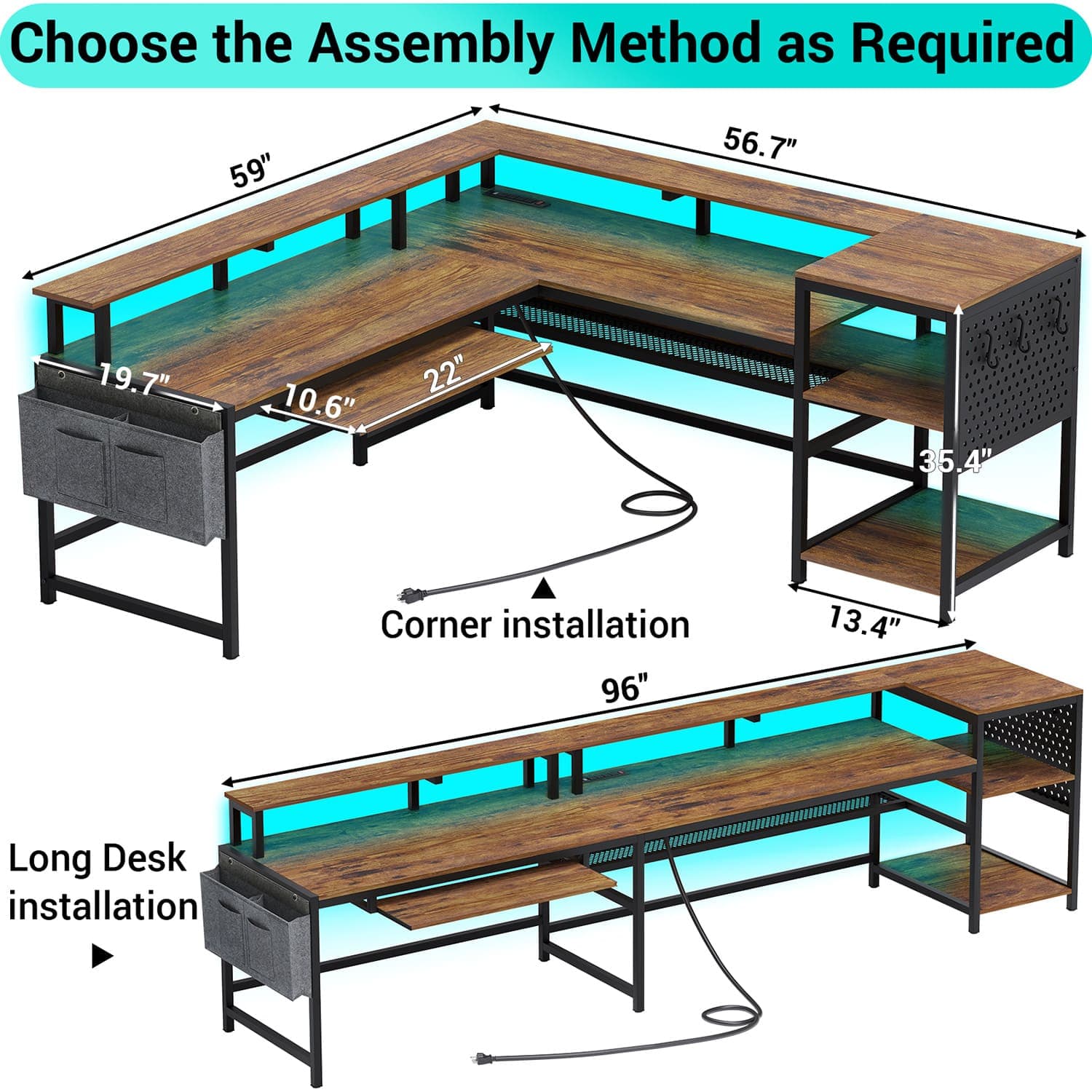 Sikaic L Shaped Reversible LED Gaming Desk with Power Outlets Strip Monitor Shelf Keyboard Tray Pegboard and Storage Shelves Brown