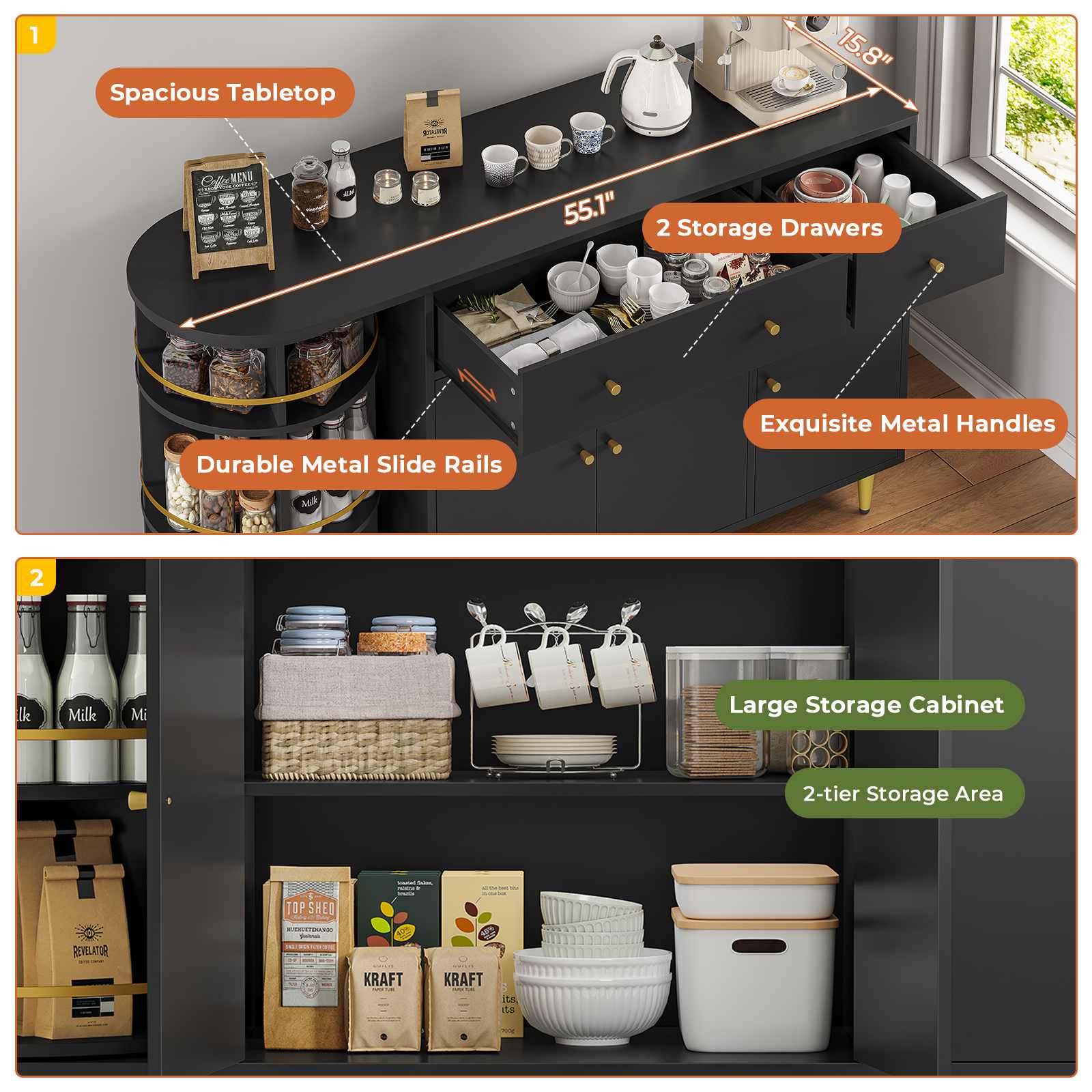 Sikaic Buffet Cabinet 55 Inches Buffet Cabinet Black Black / Engineered Wood / Modern