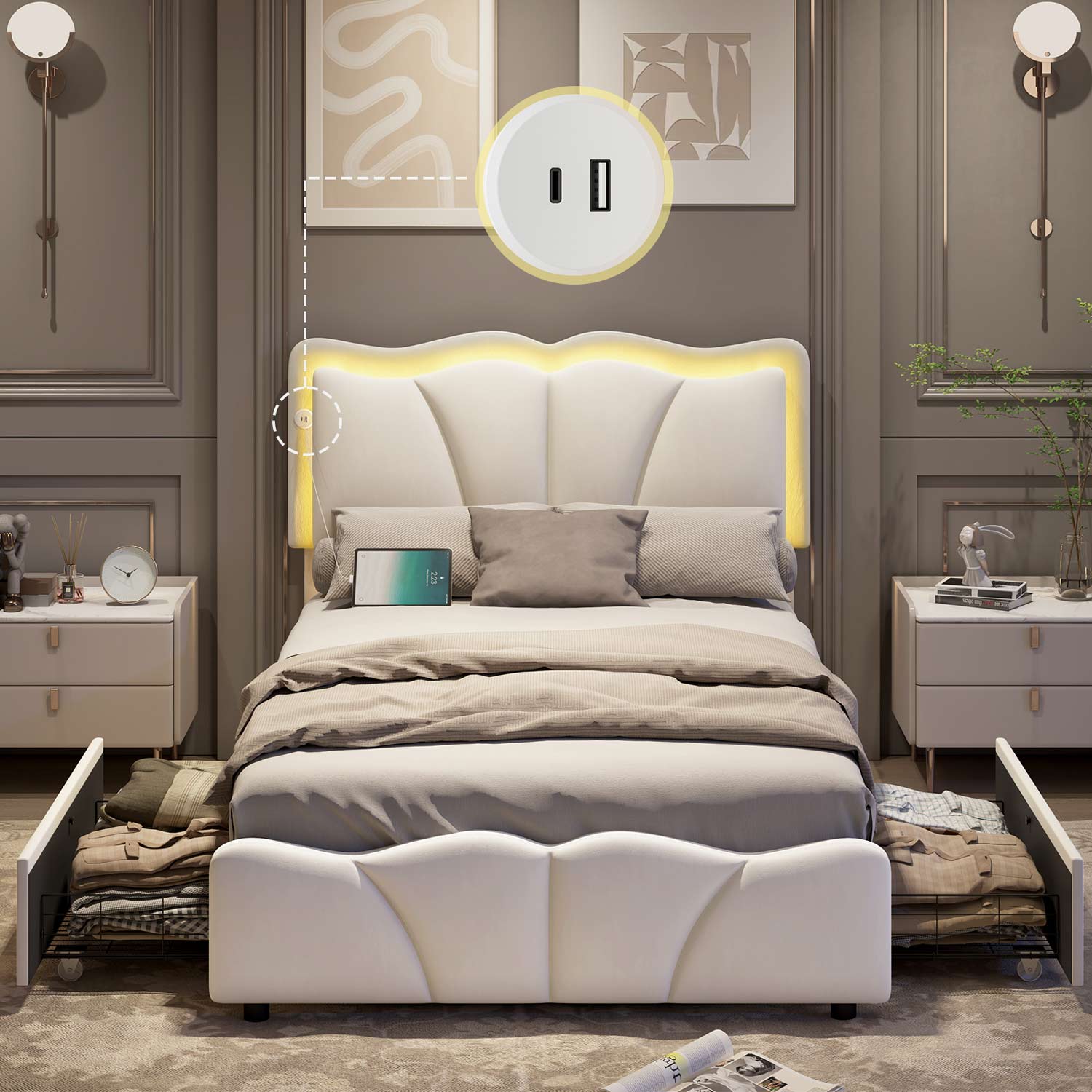 Sikaic Bed Frame Upholstered Platform Led Bed Frame with USB Ports Drawers White