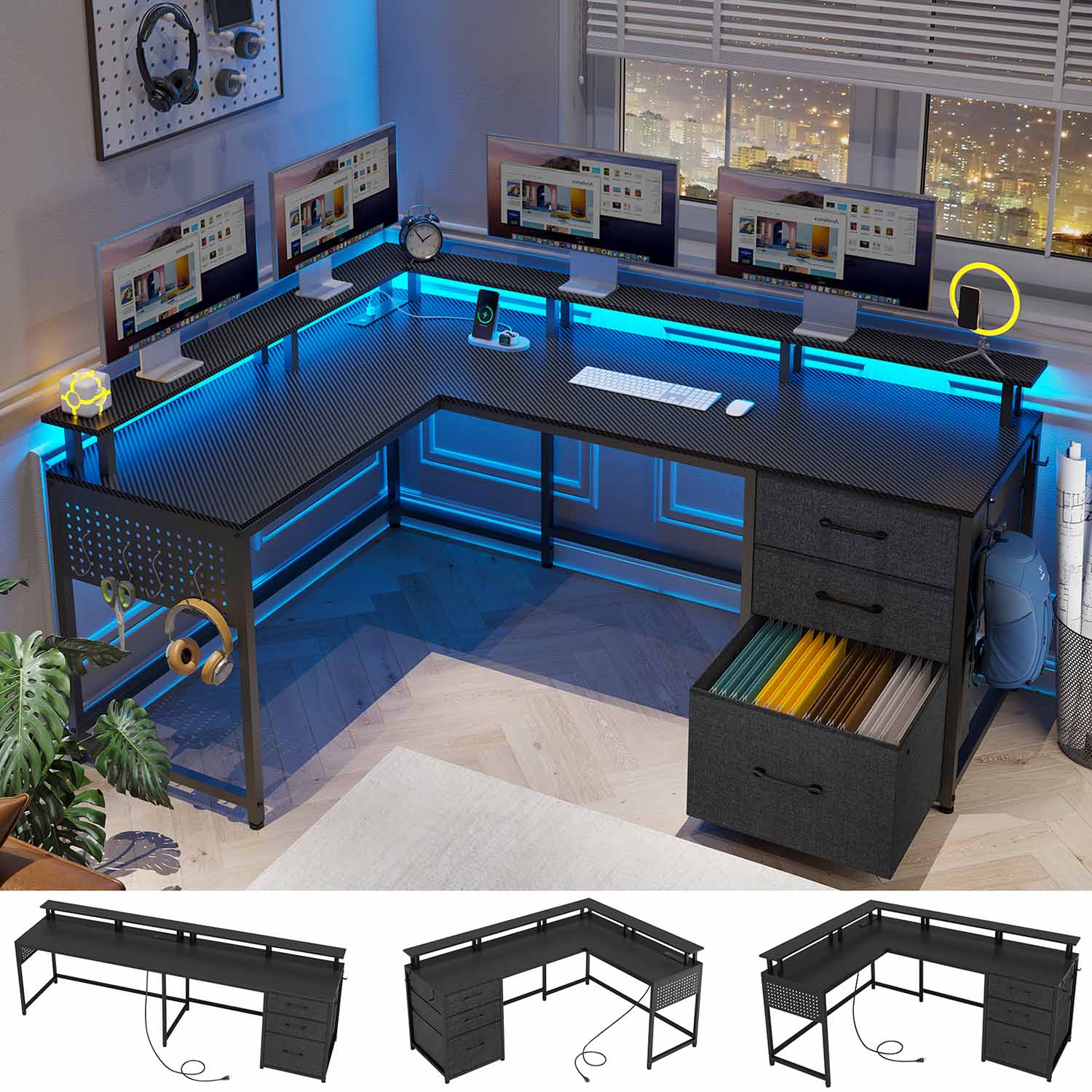 Sikaic Gaming Desk 63.8 Inches L Shaped Reversible Corner Carbon Fiber Gaming Desk with Power Outlet and Pegboard LED Light Drawers Black