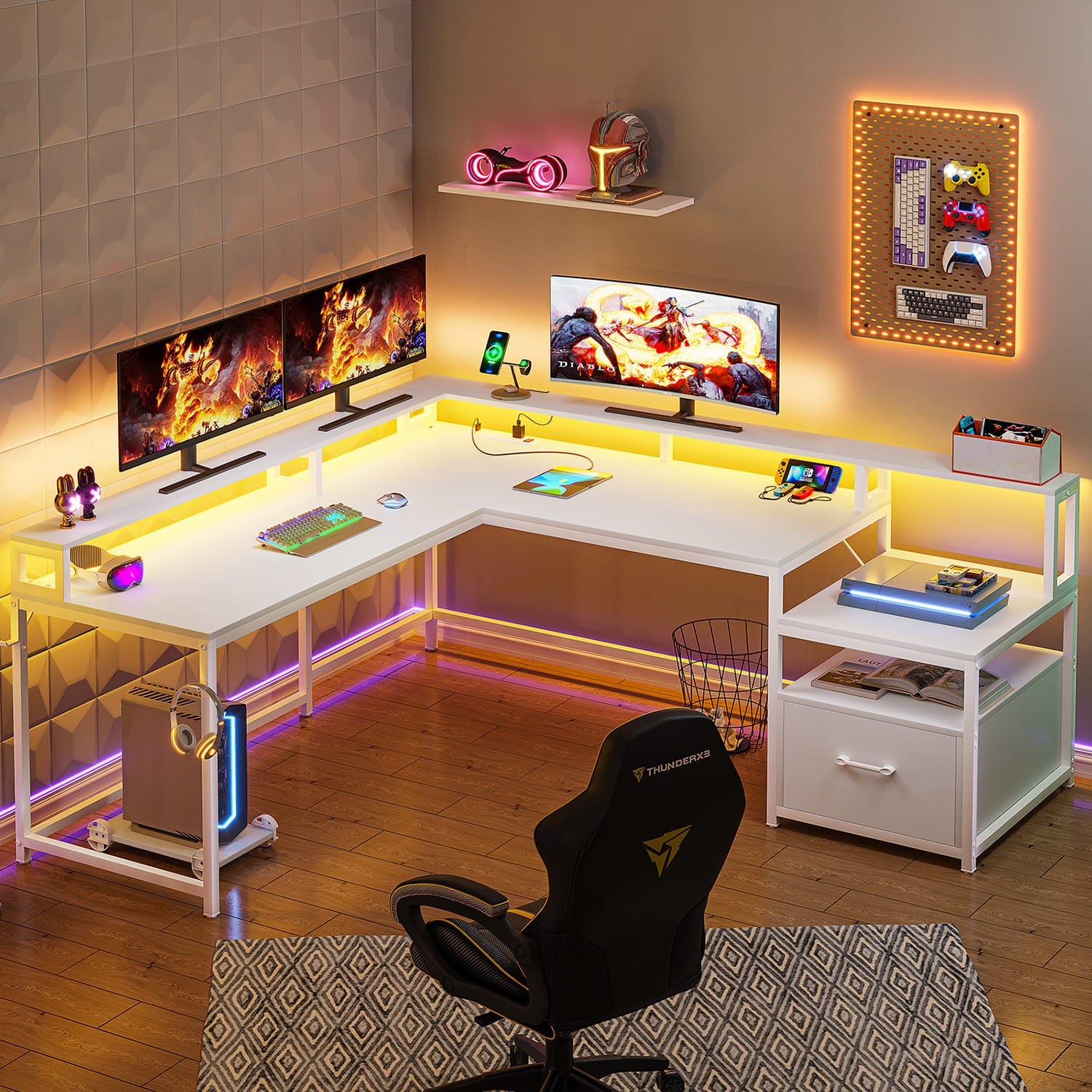 Sikaic 66" L Shaped Corner Two Person Gaming Desk with File Drawer Power Outlet Led Lights Monitor Shelf White