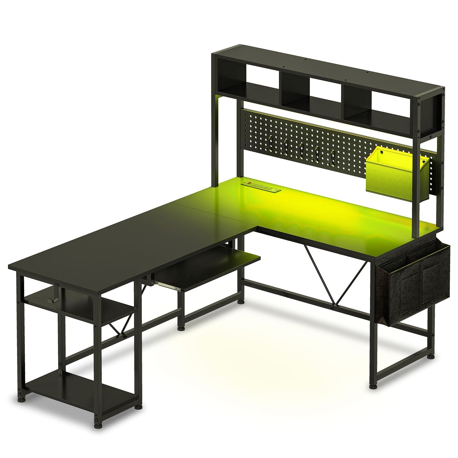 Sikaic Gaming Desk 57.5 Inches Reversible L Shaped Gaming Desk with LED Lights and Power Outlet Black Black / Engineered Wood / Modern