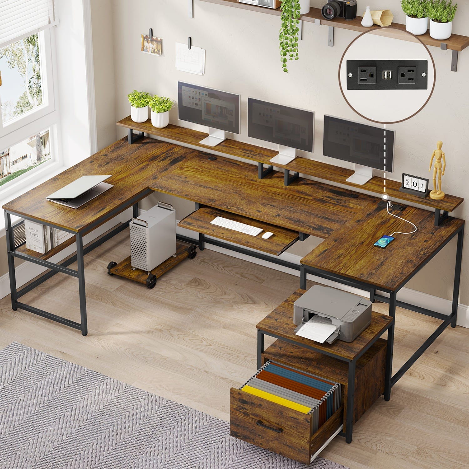Sikaic Computer Desk 101.5 Inches U Shaped Reversible L Shaped Computer Desk with File Drawer Power Outlet Keyboard Tray Rustic Brown