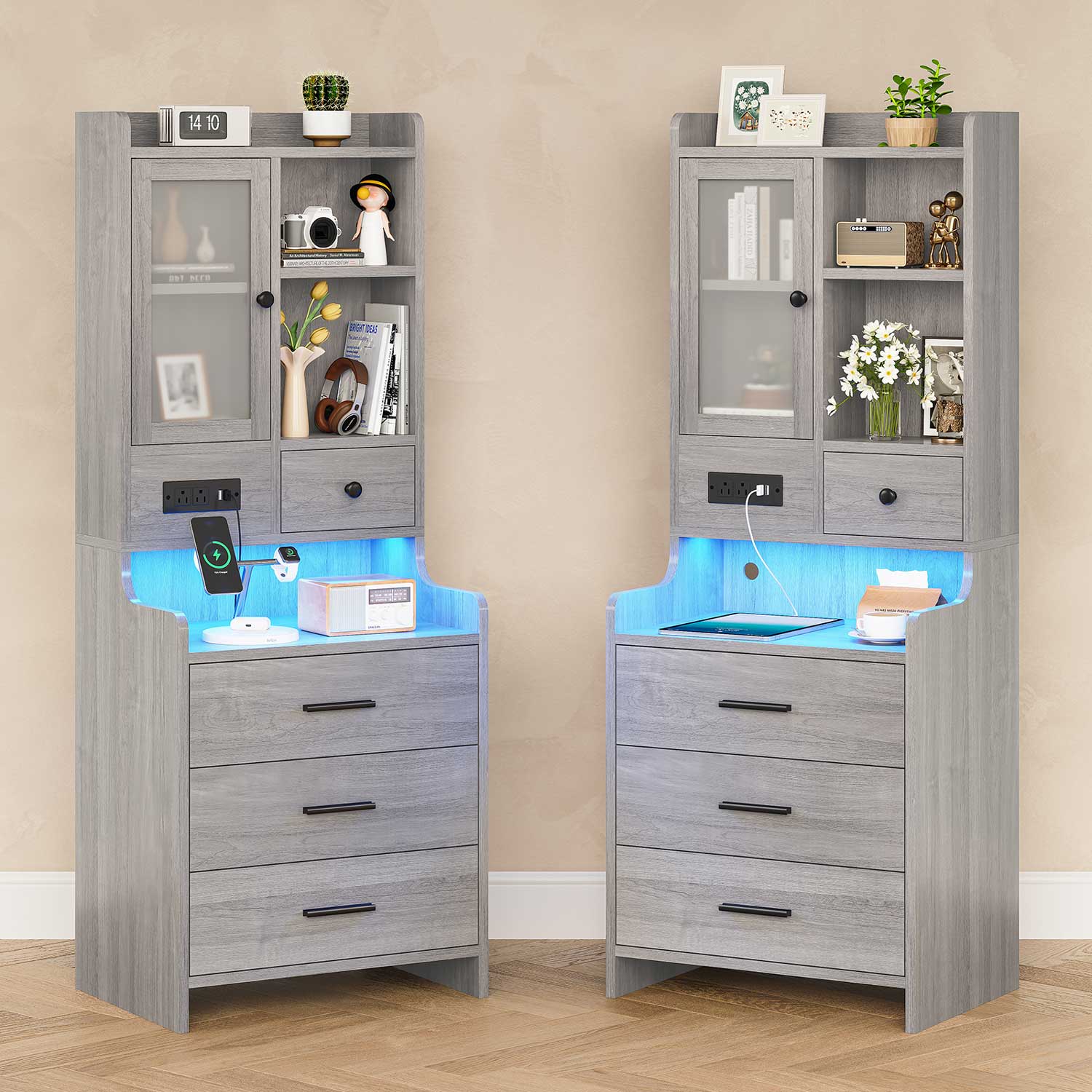 Sikaic Nightstand LED Tall Nightstand with Charging Station Drawers Shelves Glass Door Storage Grey