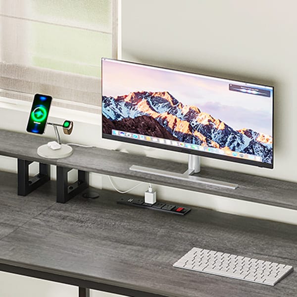 Sikaic 66" L Shaped Corner Two Person Gaming Desk with File Drawer Power Outlet Led Lights Monitor Shelf Grey