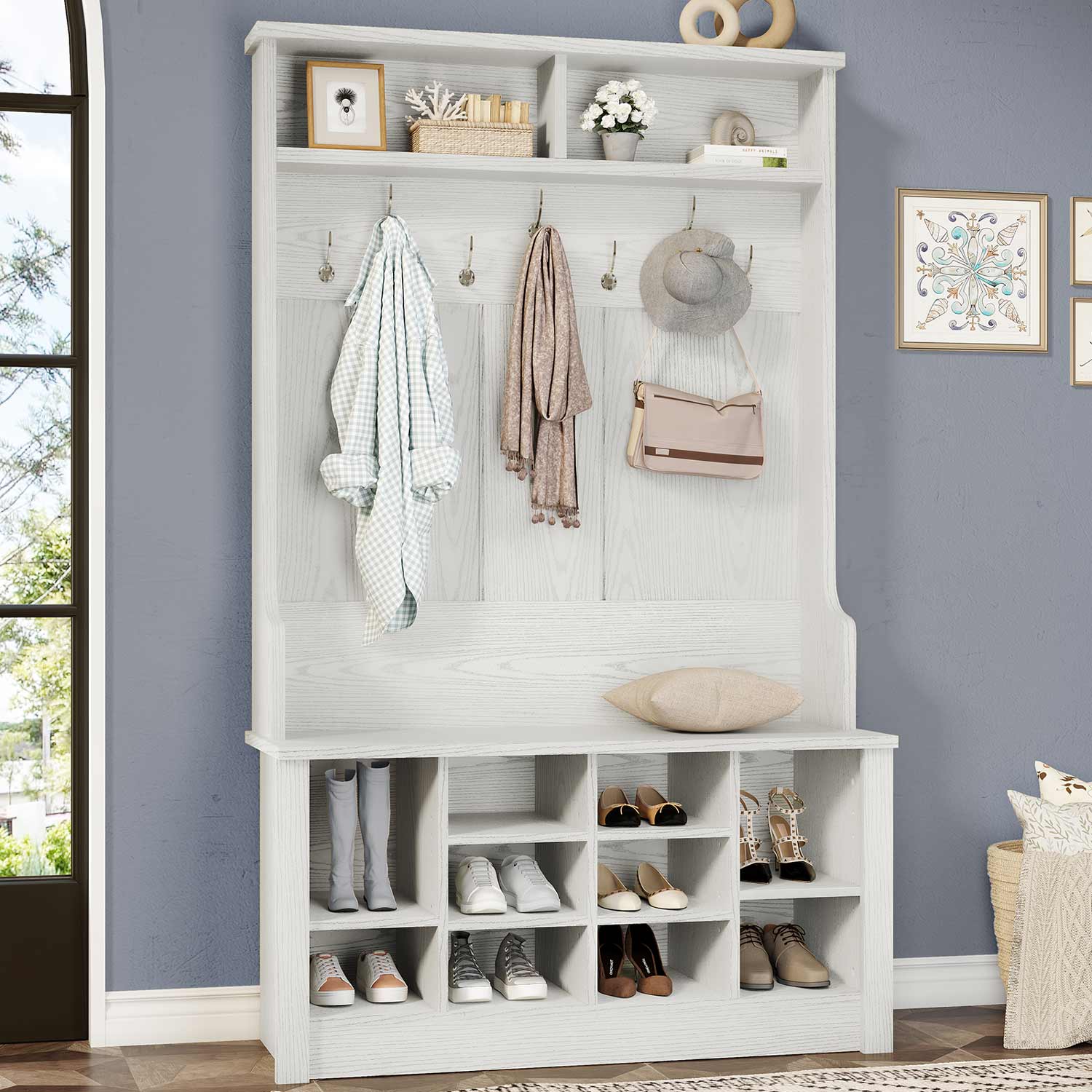 Sikaic Hall Tree Hall Tree with Storage 3-in-1 Entryway Bench Embossed White