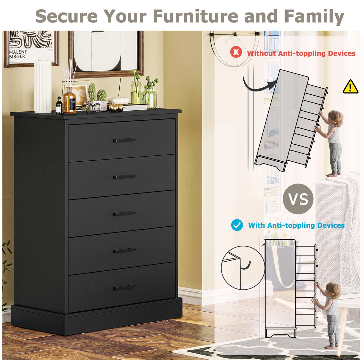 Sikaic Dressers 5 Drawers Dresser with Sturdy Base Storage Cabinet Black