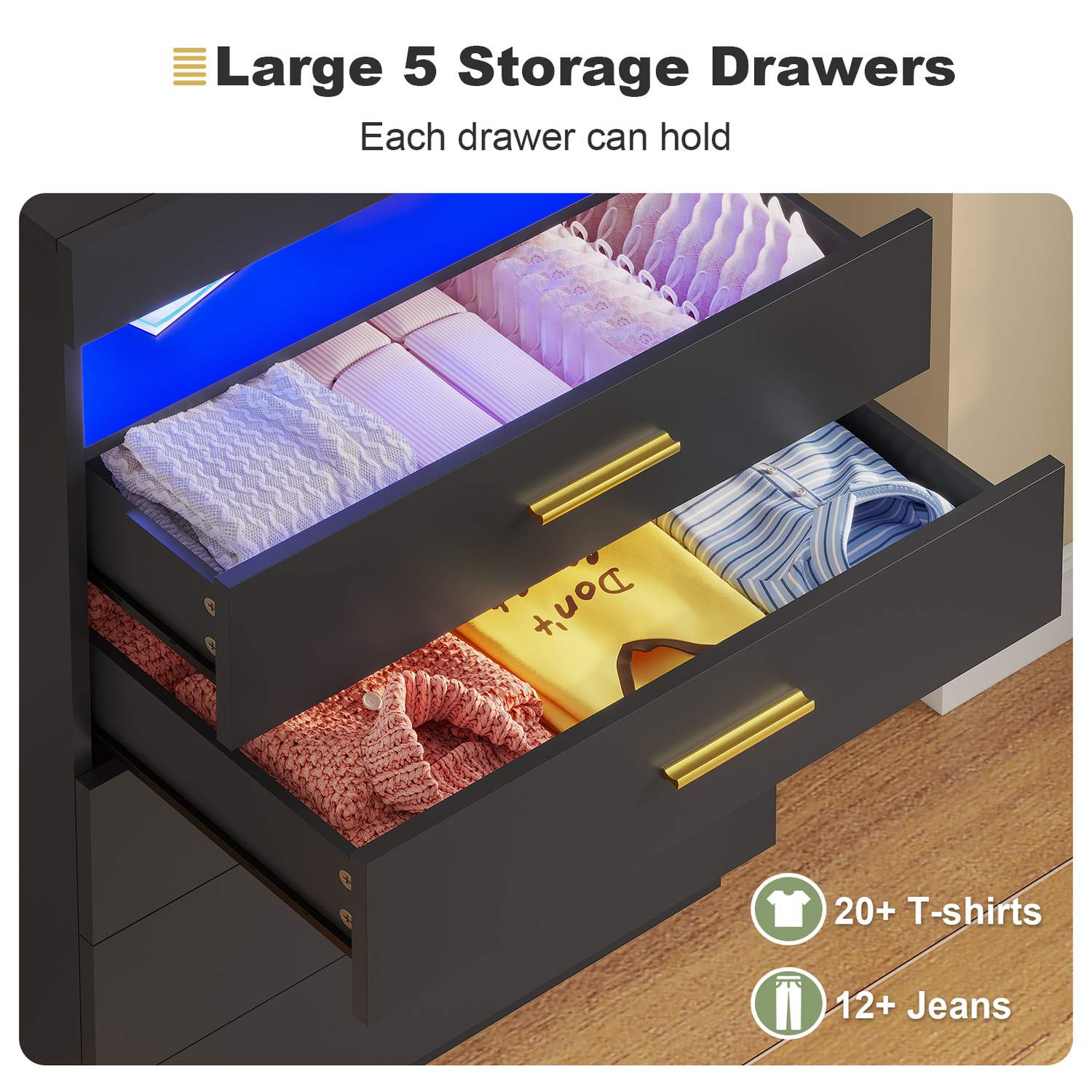 Sikaic Dresser Modern Floating Black Dresser Chest of 5 Drawers with Pull-Out Shelf and Open Storage & LED Lights