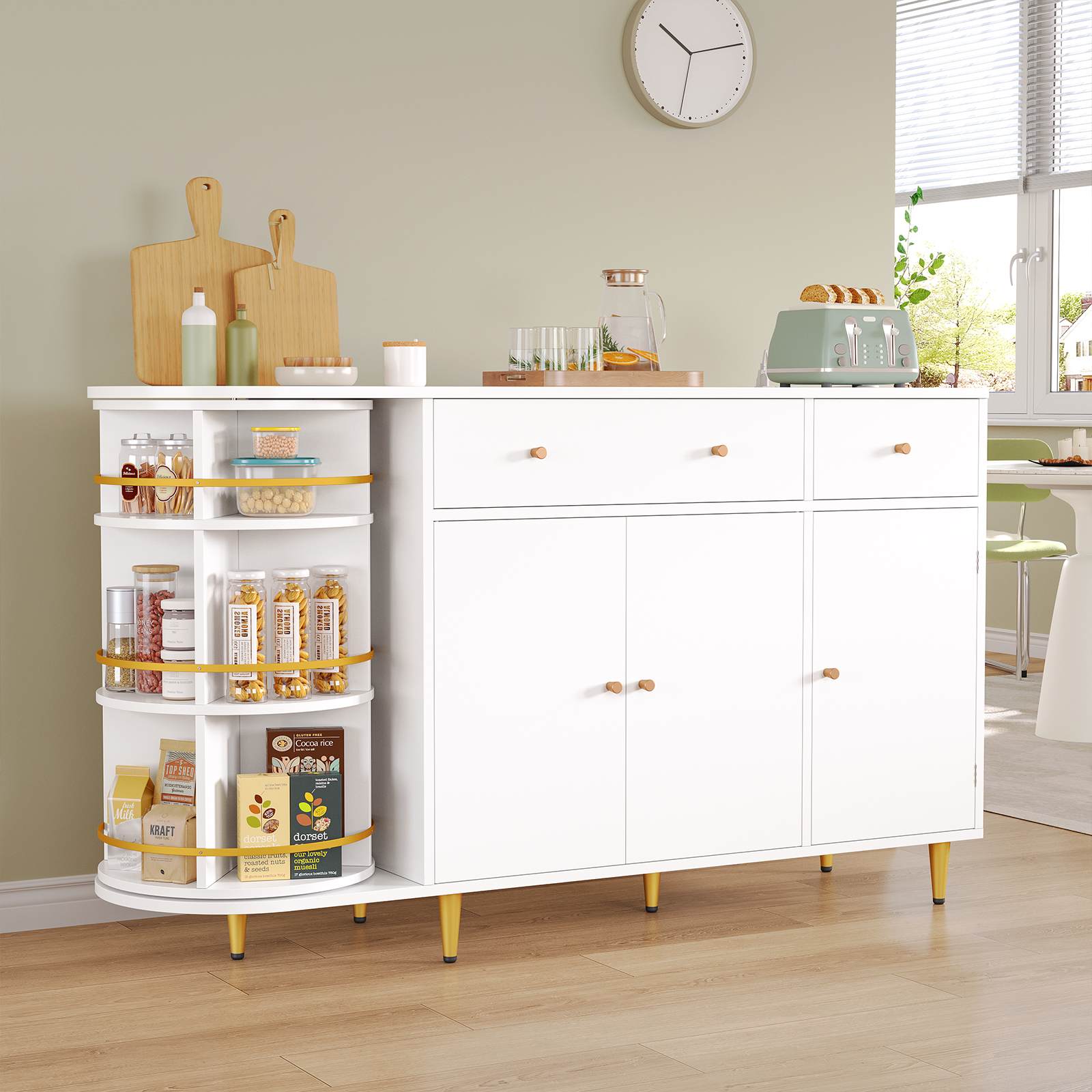 Sikaic Buffet Cabinet 55 Inches Buffet Cabinet White White / Engineered Wood / Modern
