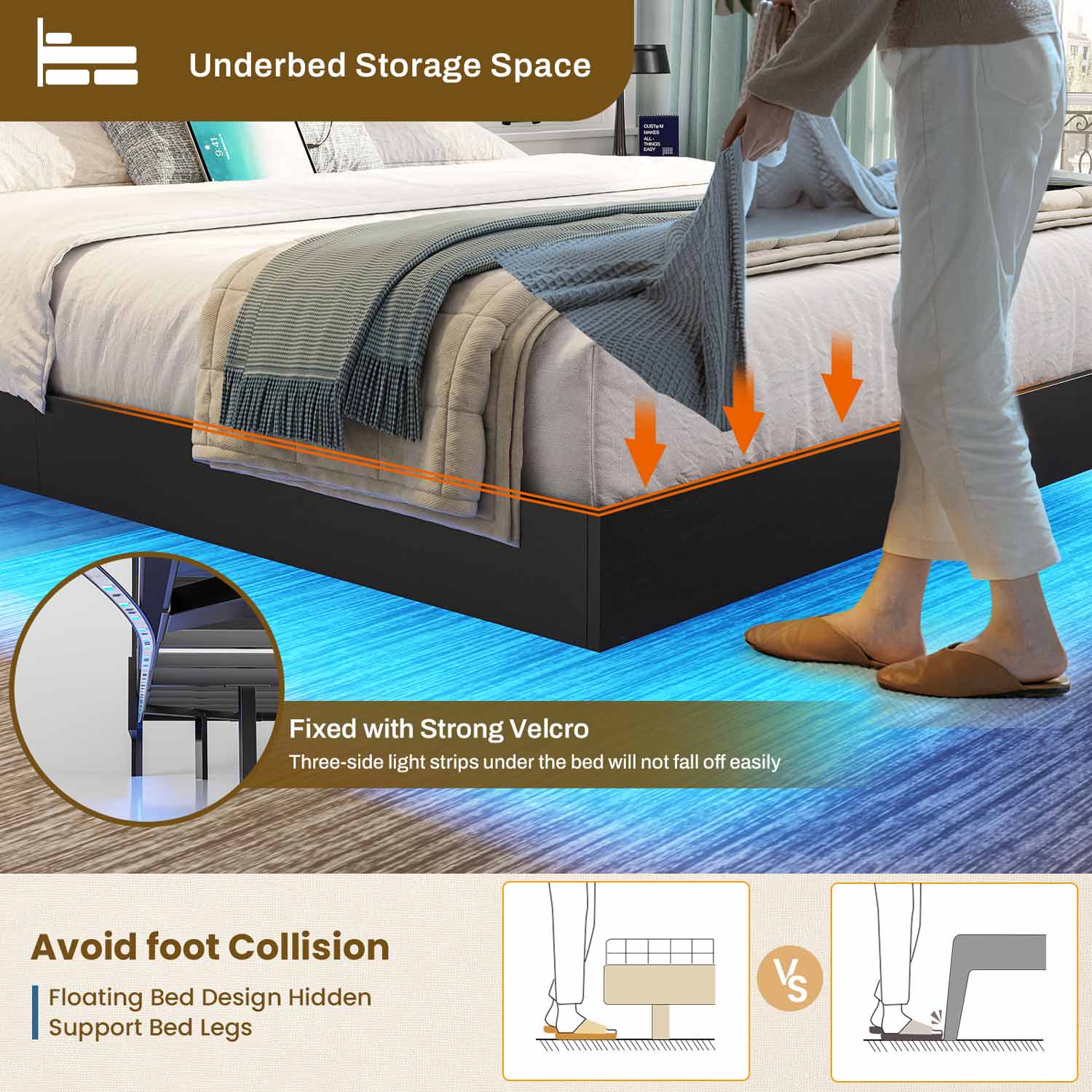 Sikaic Bed Frame Full Floating Bed Frame with LED Lights and Headboard Storage Black Black / Full / Engineered Wood