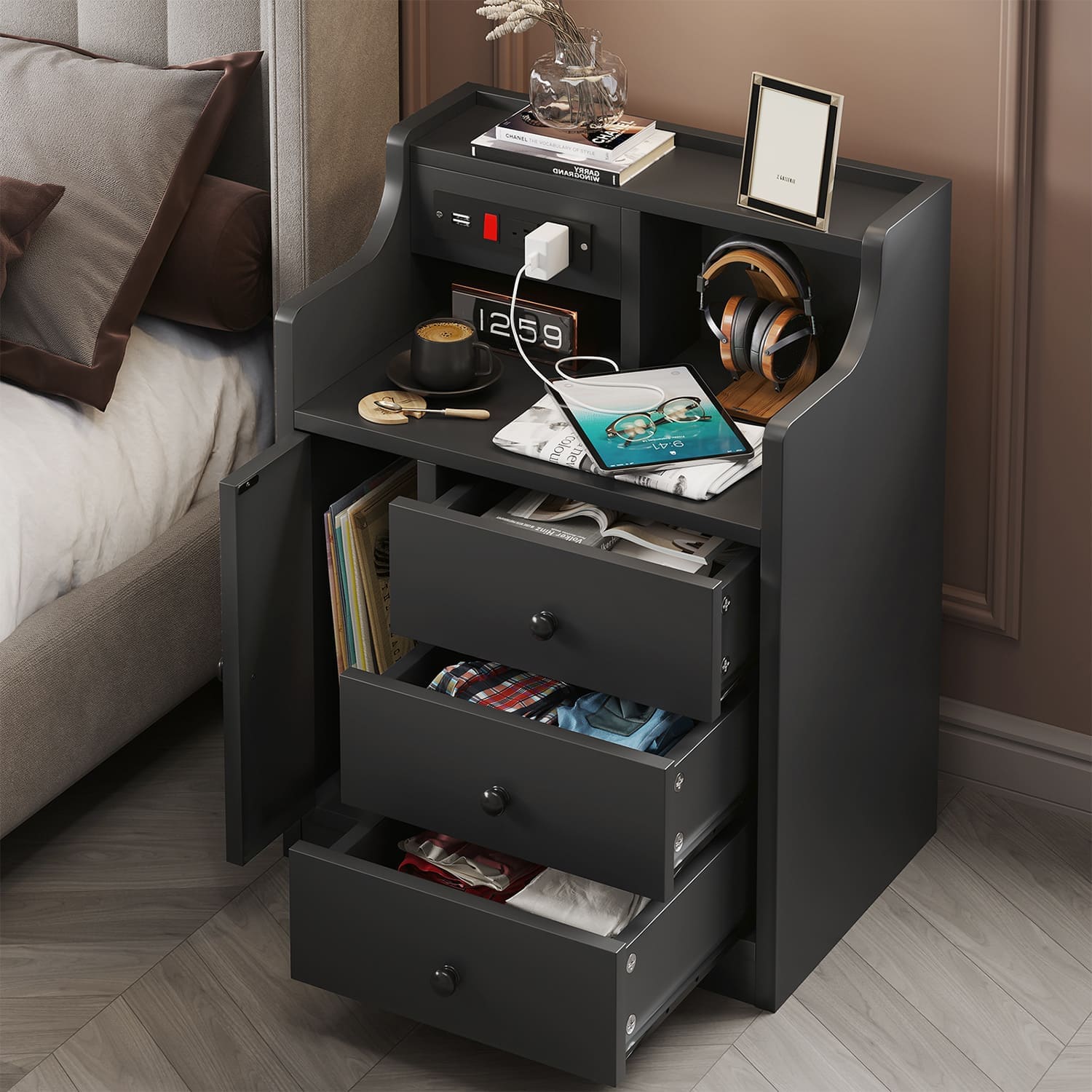 Sikaic Nightstand Nightstand with Charging Station Drawers Black