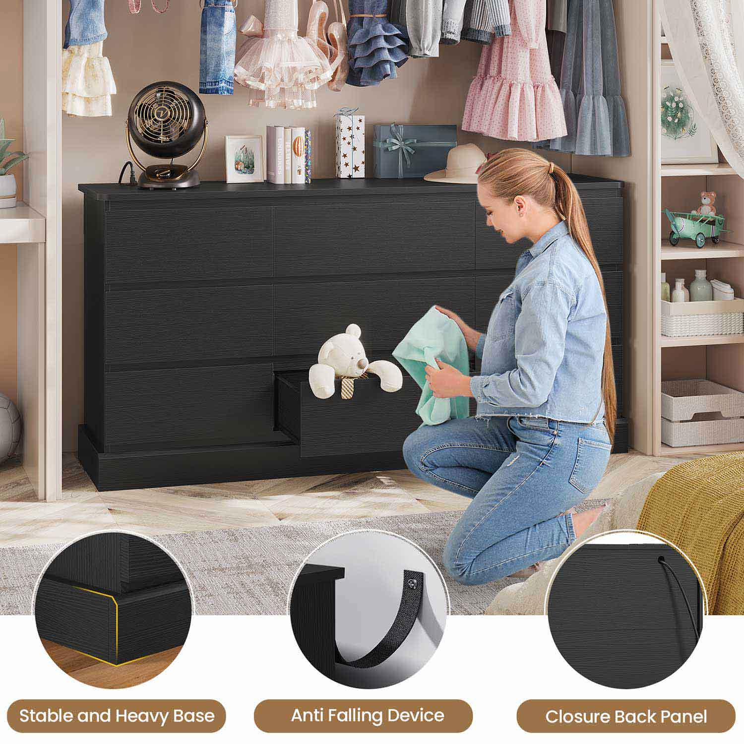 Sikaic Dresser 61.4" Wide Dresser Chest of Drawers with Large Capacity Storage and Power Outlets Black Black / Engineered Wood / Modern