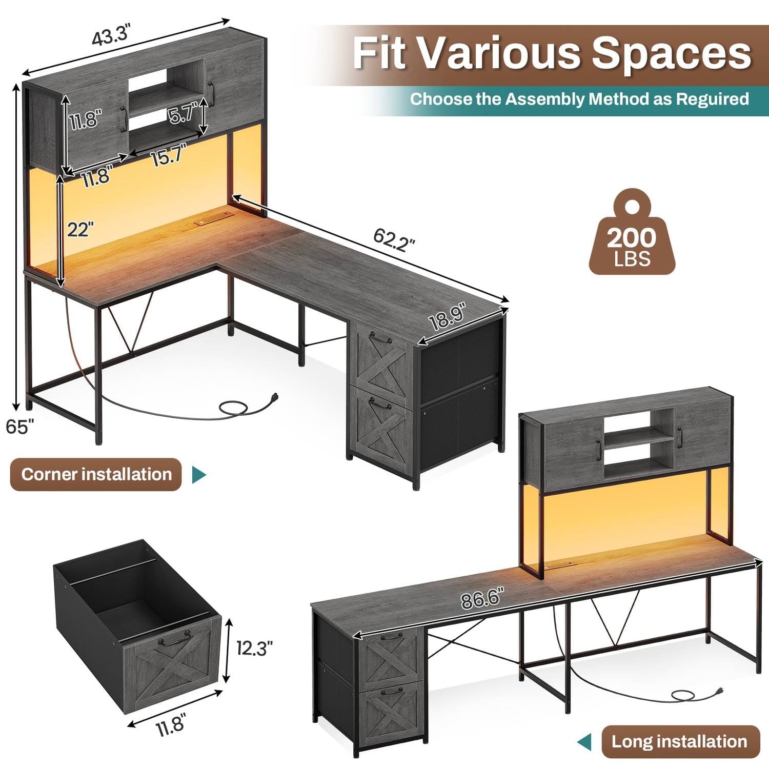 Sikaic Gaming Desk LED lights L Shaped Gaming Desk with Fabric File Drawers and Power Outlet Hutch & Storage Shelves Grey