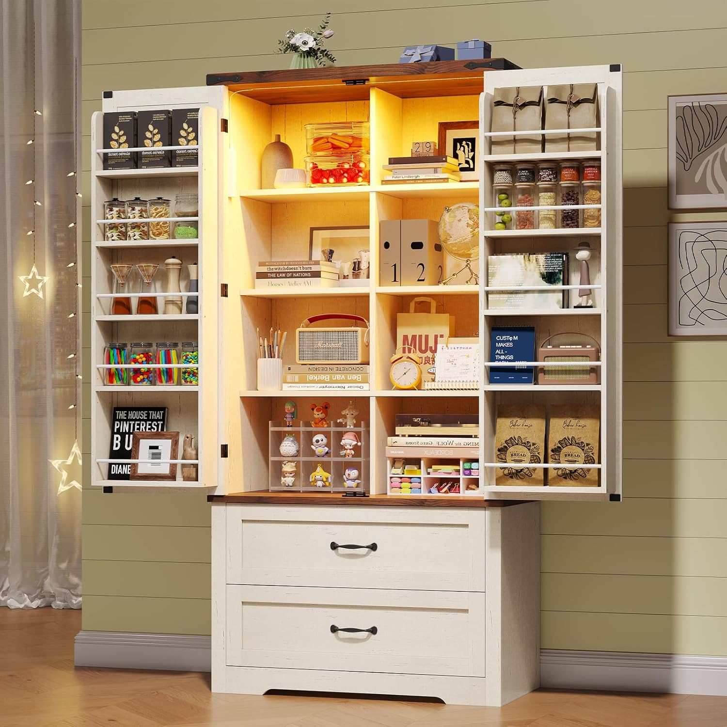 Sikaic Pantry Cabinet 71 Inches Kitchen Pantry Cabinet with Drawer Old White Brown White / Engineered Wood / Modern