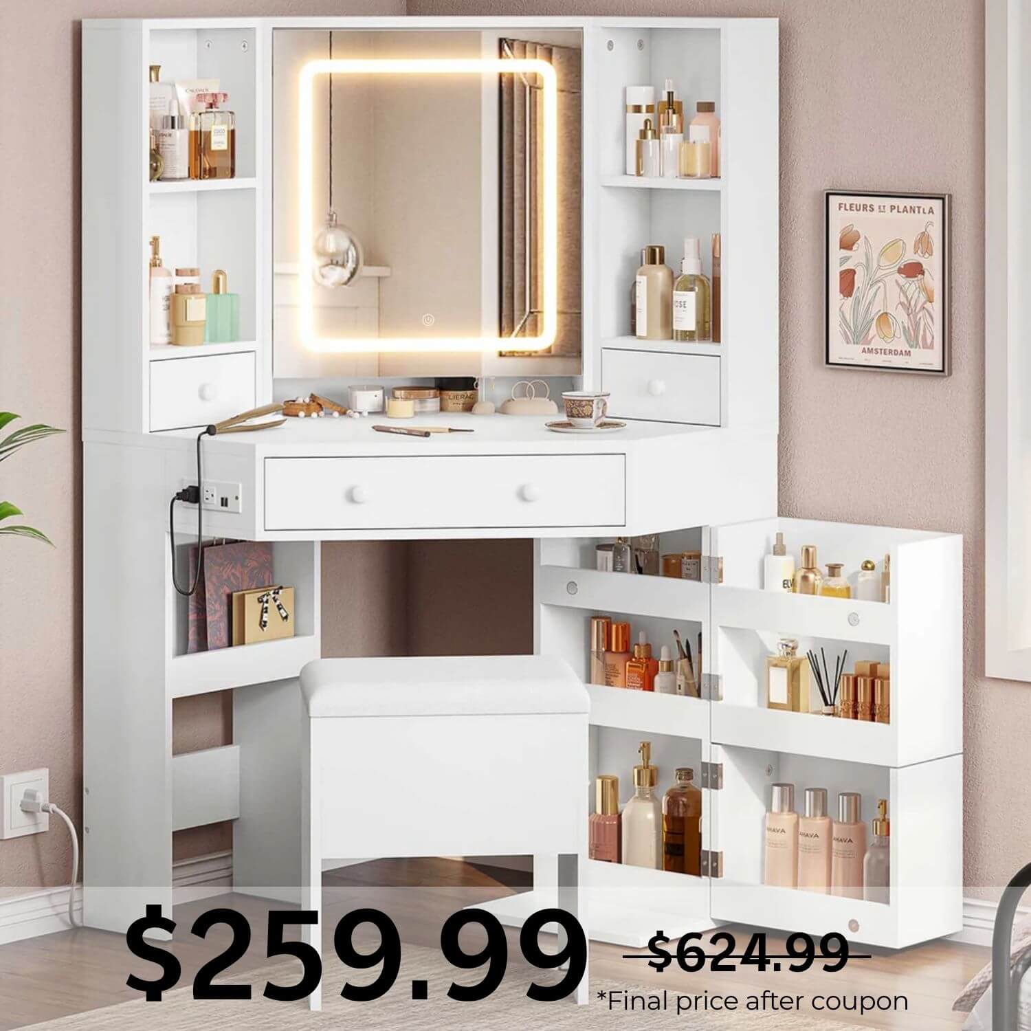 Sikaic Makeup Vanity Corner LED Makeup Vanity with Mirror White White / Engineered Wood / Modern