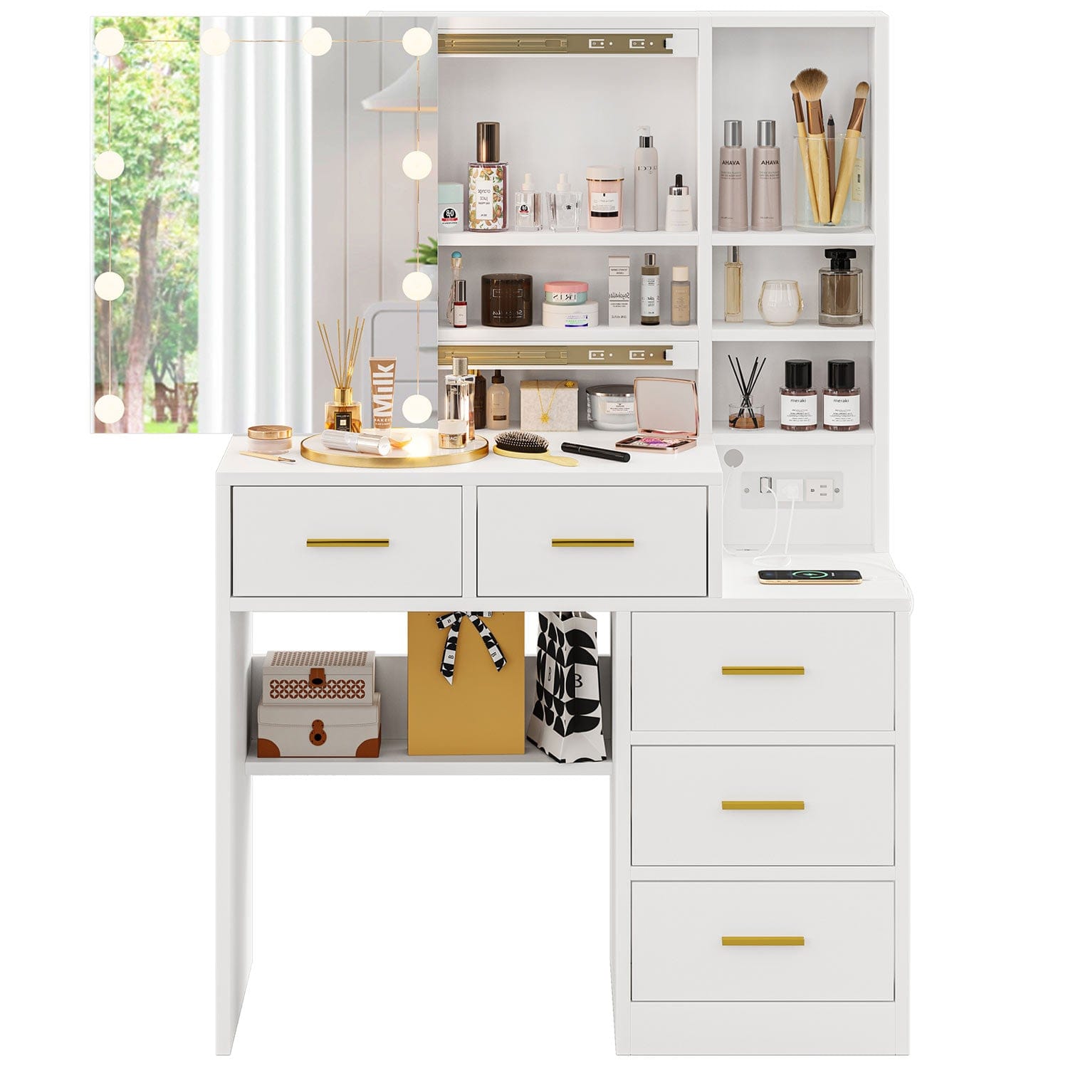 Sikaic Makeup Vanity 5 Drawers LED Makeup Vanity Desk with Sliding Mirror Charging Station Hidden and Open Storage Shelves White