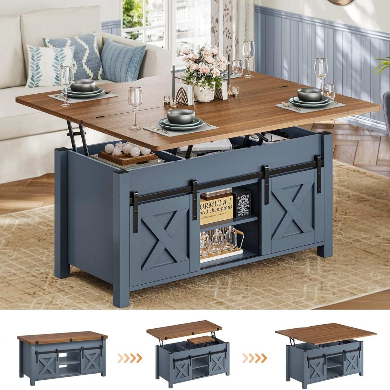 Sikaic Coffee Table 4 in 1 Multi-Function Lift Top Coffee Table with Storage and Hidden Compartment Blue Blue / Engineered Wood / Farmhouse