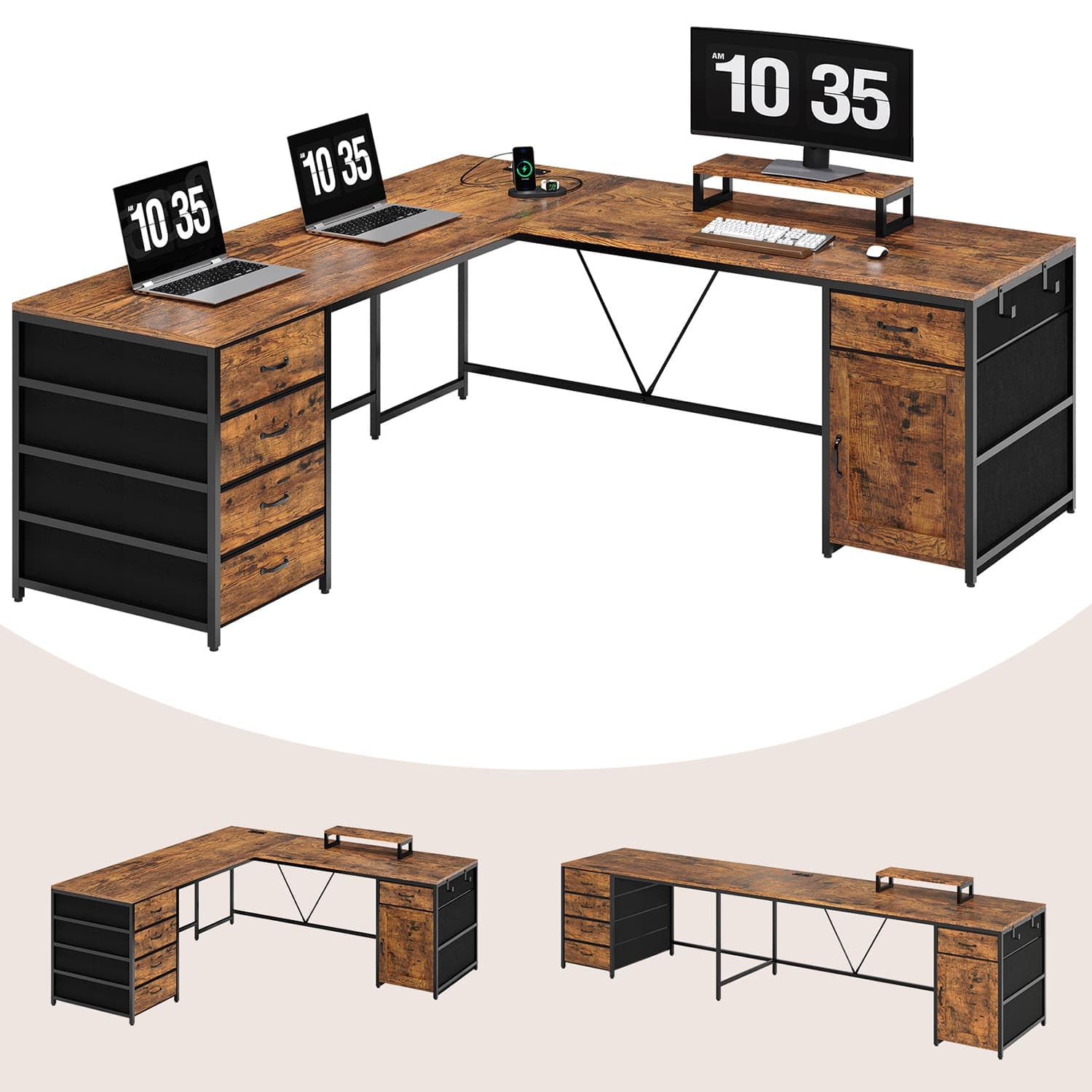 Sikaic Computer Desk 63 Inches L Shaped Corner Computer Desk with 5 Drawer Power Outlet Monitor Shelf Storage Cabinet Brown
