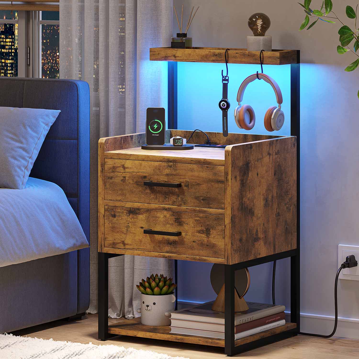 Sikaic Nightstands LED Nightstand with Charging Station Drawers Storage Shelves Brown