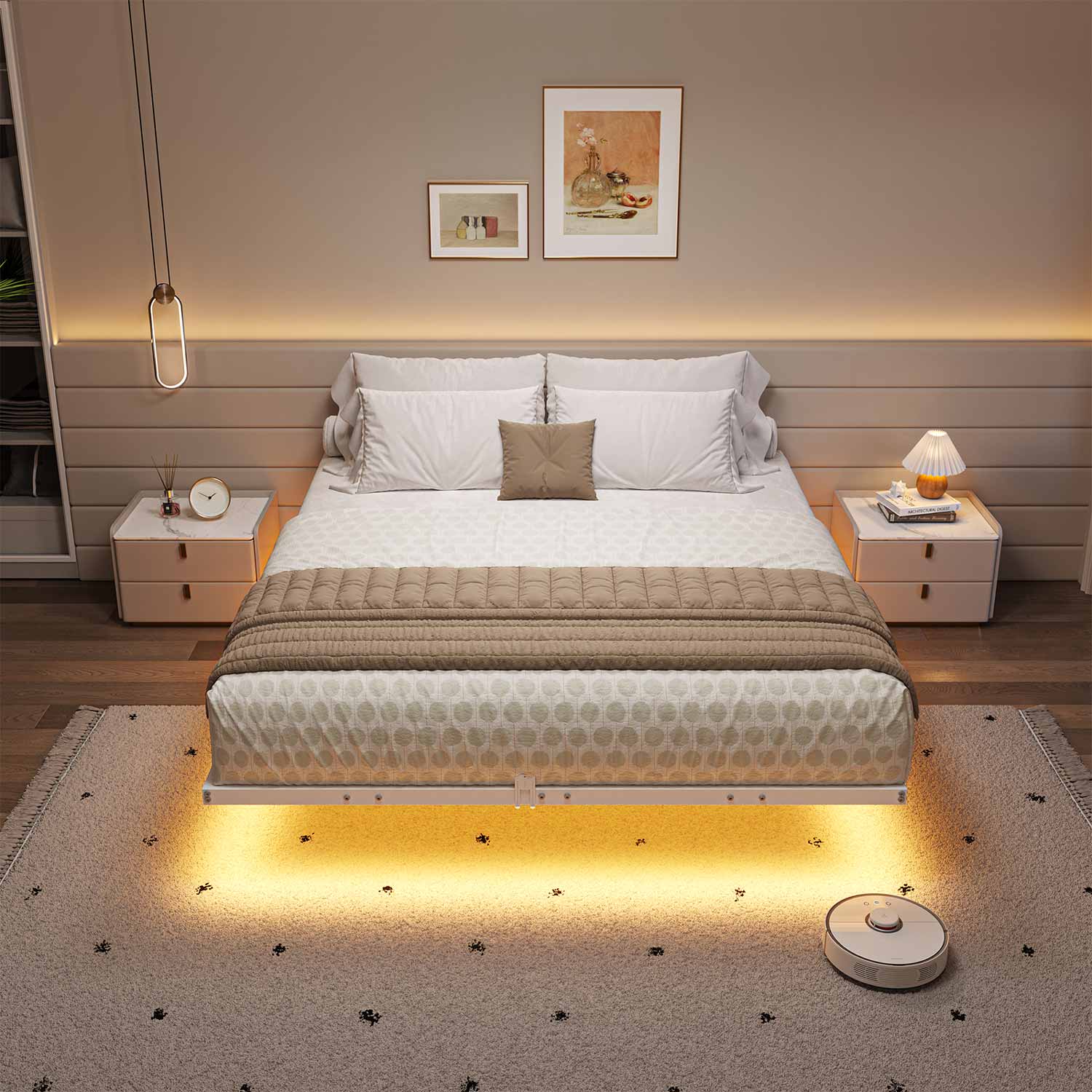 Sikaic Bed Frame Floating Bed Frame with LED Lights Metal Platform No Box Spring Needed White