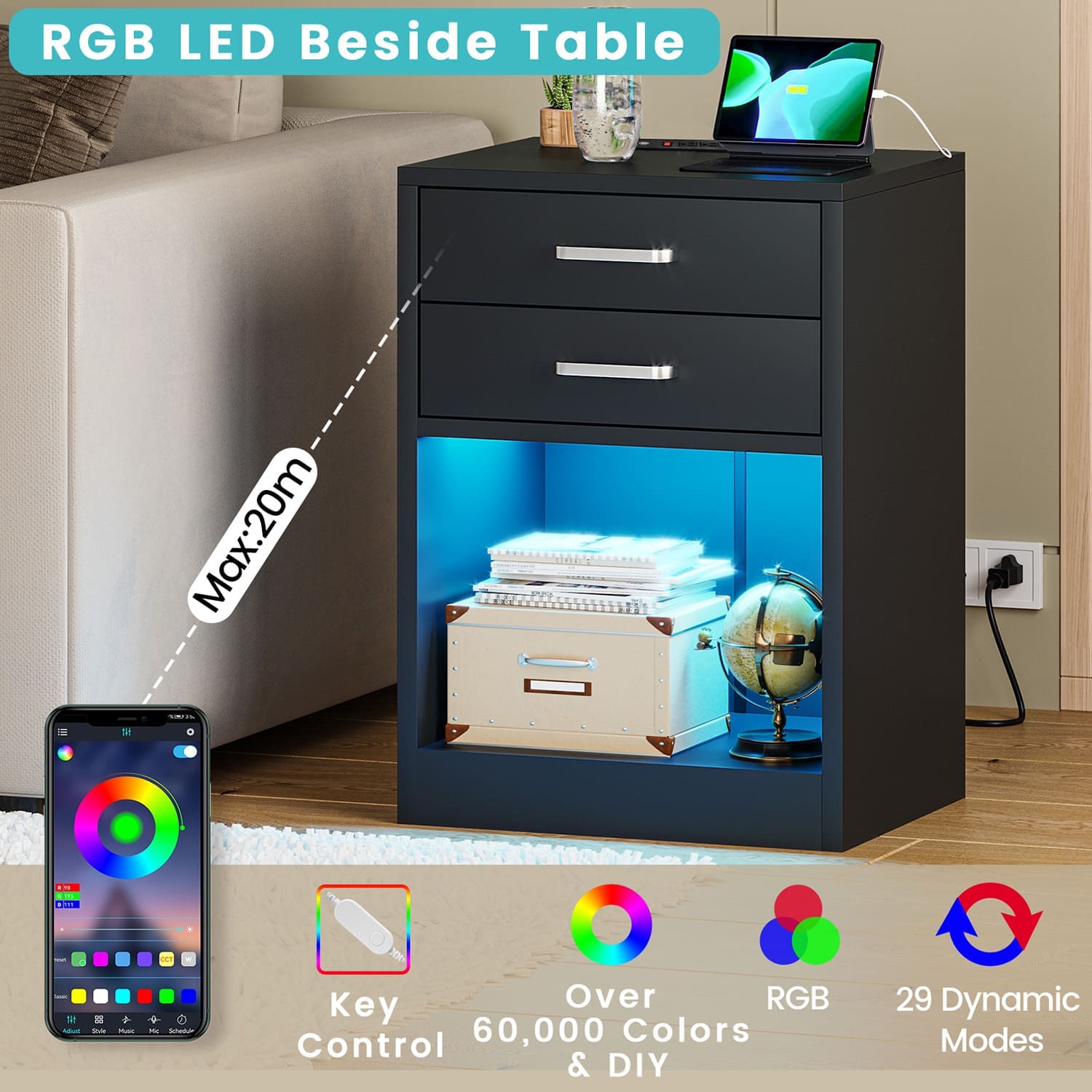 Sikaic Nightstand 2Pcs LED Nightstands with Charging Station Power Outlets & Drawers Black