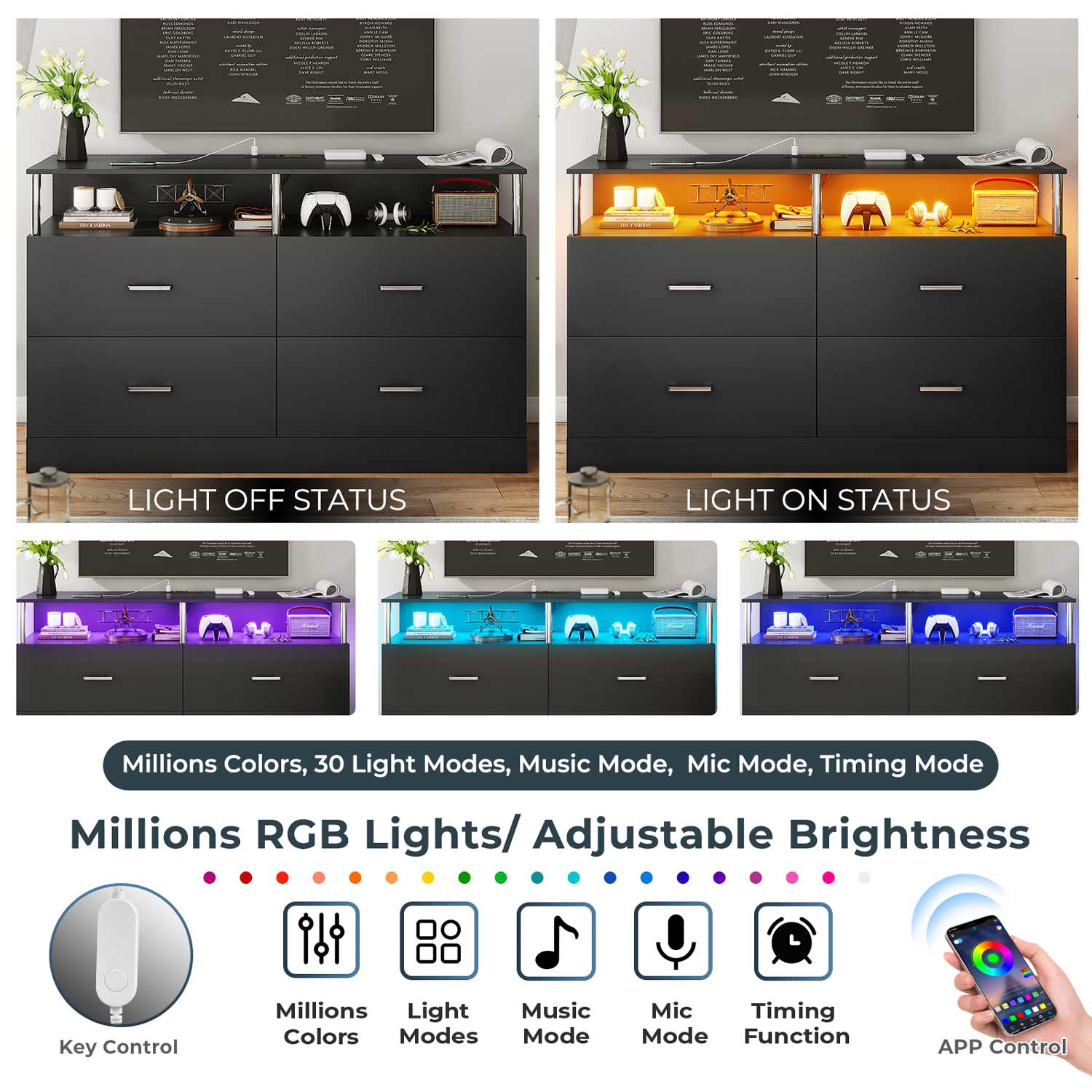 Sikaic Dressers 4 Drawers Dresser with Charging Station Column Design Black