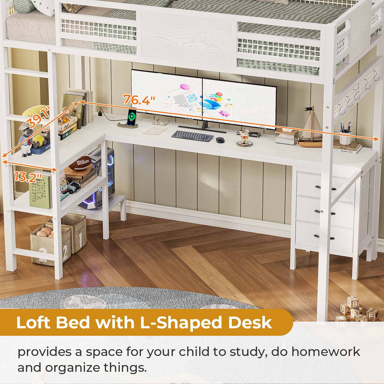 Sikaic Bed Frame Metal Loft Bed Frame Twin Size with L-Shaped Desk LED Lights Charging Station Drawers & Shelve White