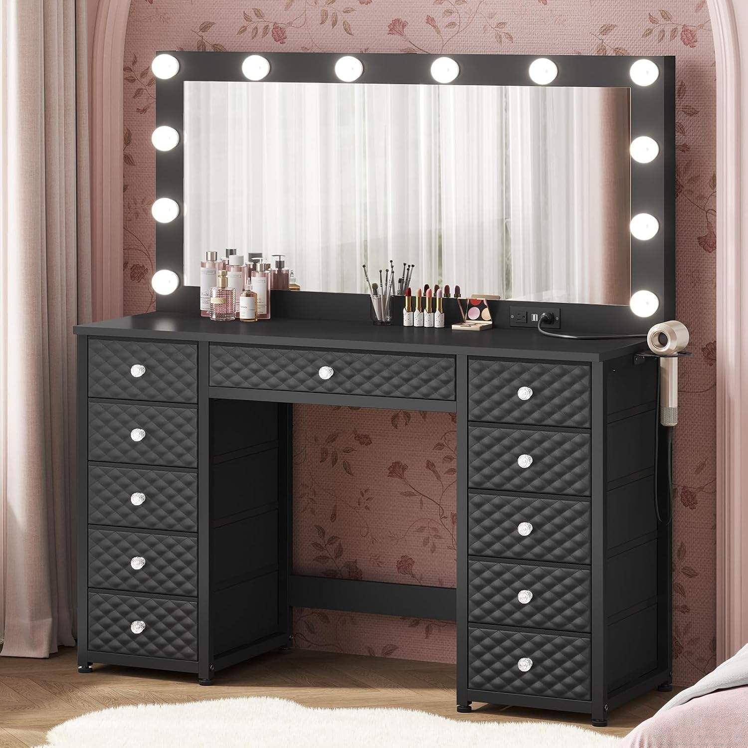 Sikaic Makeup Vanity Makeup Vanity with 11 Drawers and Extra Large Mirror Black Black / Engineered Wood / Modern