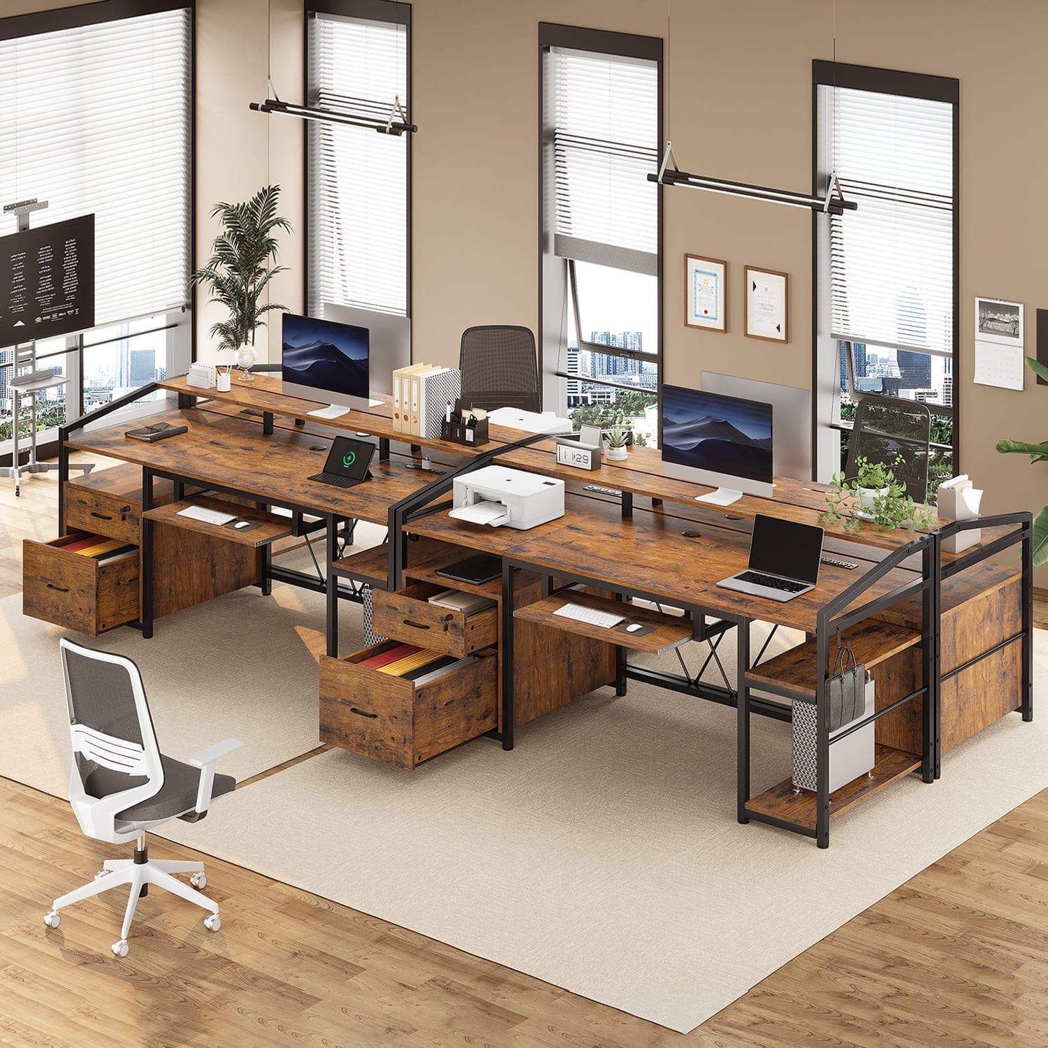 Sikaic Gaming Desk 63 Inches Gaming Desk with LED Light Drawers Rustic Brown