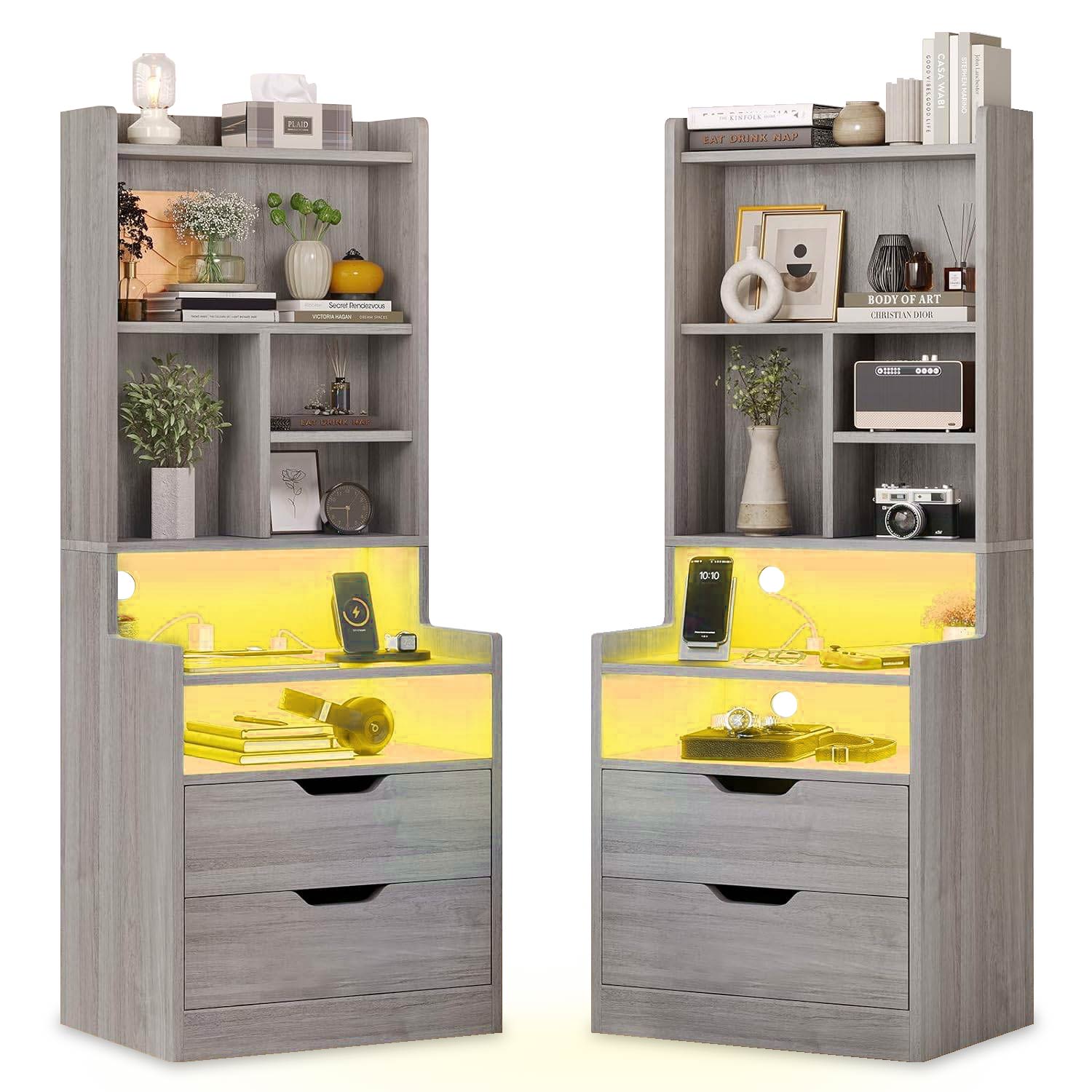 Sikaic Nightstand 2PCS LED Nightstand with Bookshelf Grey Grey / Modern