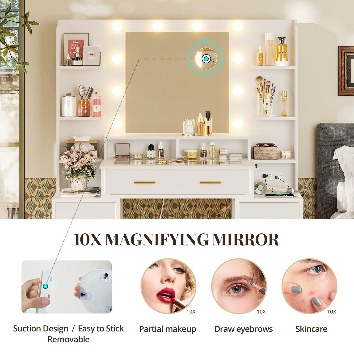Sikaic Makeup Vanity Glass Top Makeup Vanity with Lights Power Strip & 10x Magnifying Mirror And Compartment Storage Drawers & Shelves White