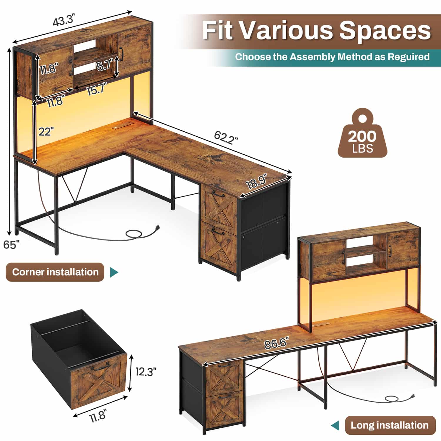 Sikaic Gaming Desk LED lights L Shaped Gaming Desk with Fabric File Drawers and Power Outlet Hutch & Storage Shelves Rustic Brown