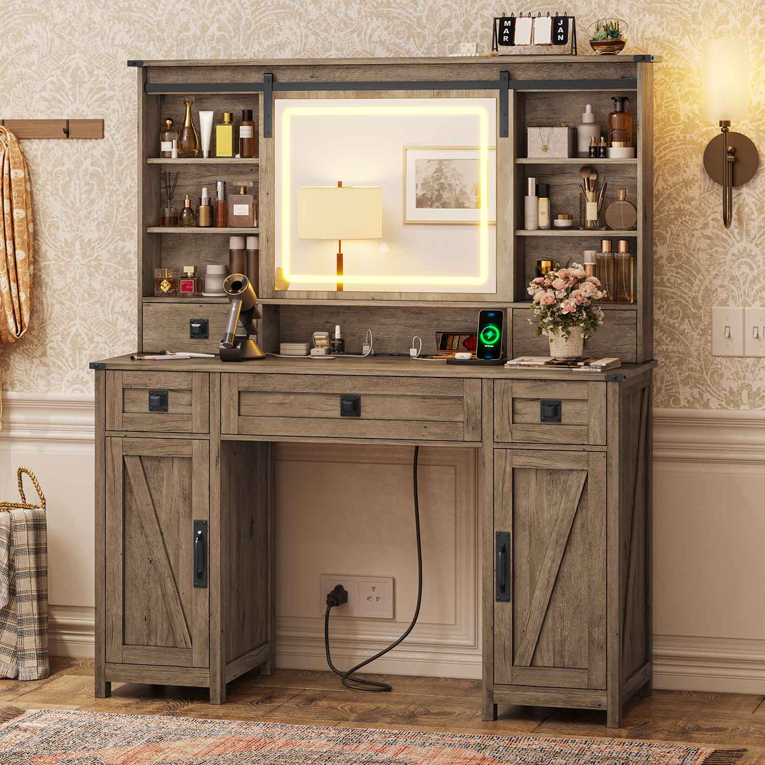 Sikaic Makeup Vanity Large Makeup Vanity with Lights & Charging Station Ample Storage Space and Sliding Mirror Brown