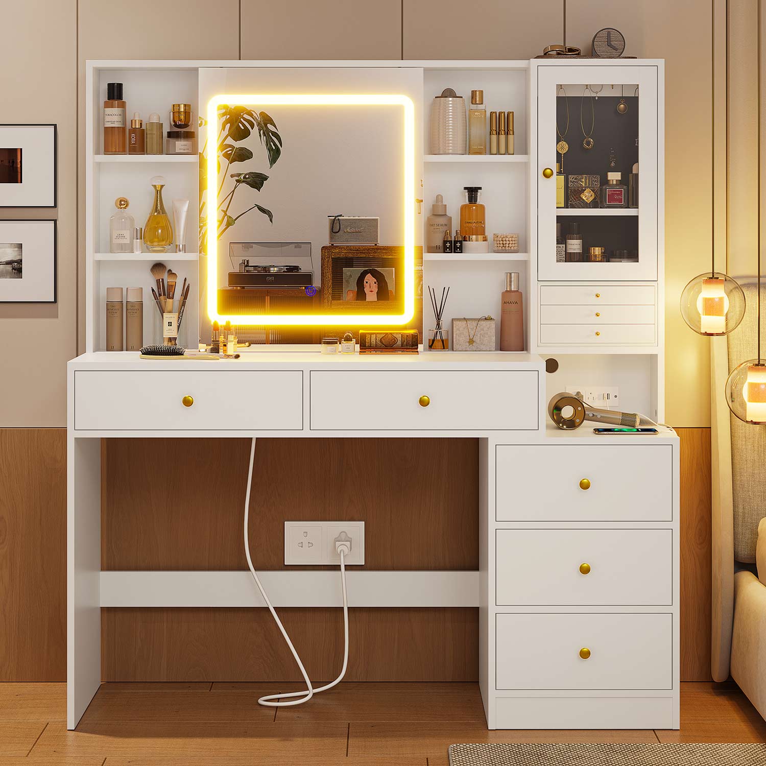 Sikaic Makeup Vanity LED Makeup Vanity with Charging Station & 3-Layer Jewelry Box Sliding Mirror & 5 Drawers & Shelves White