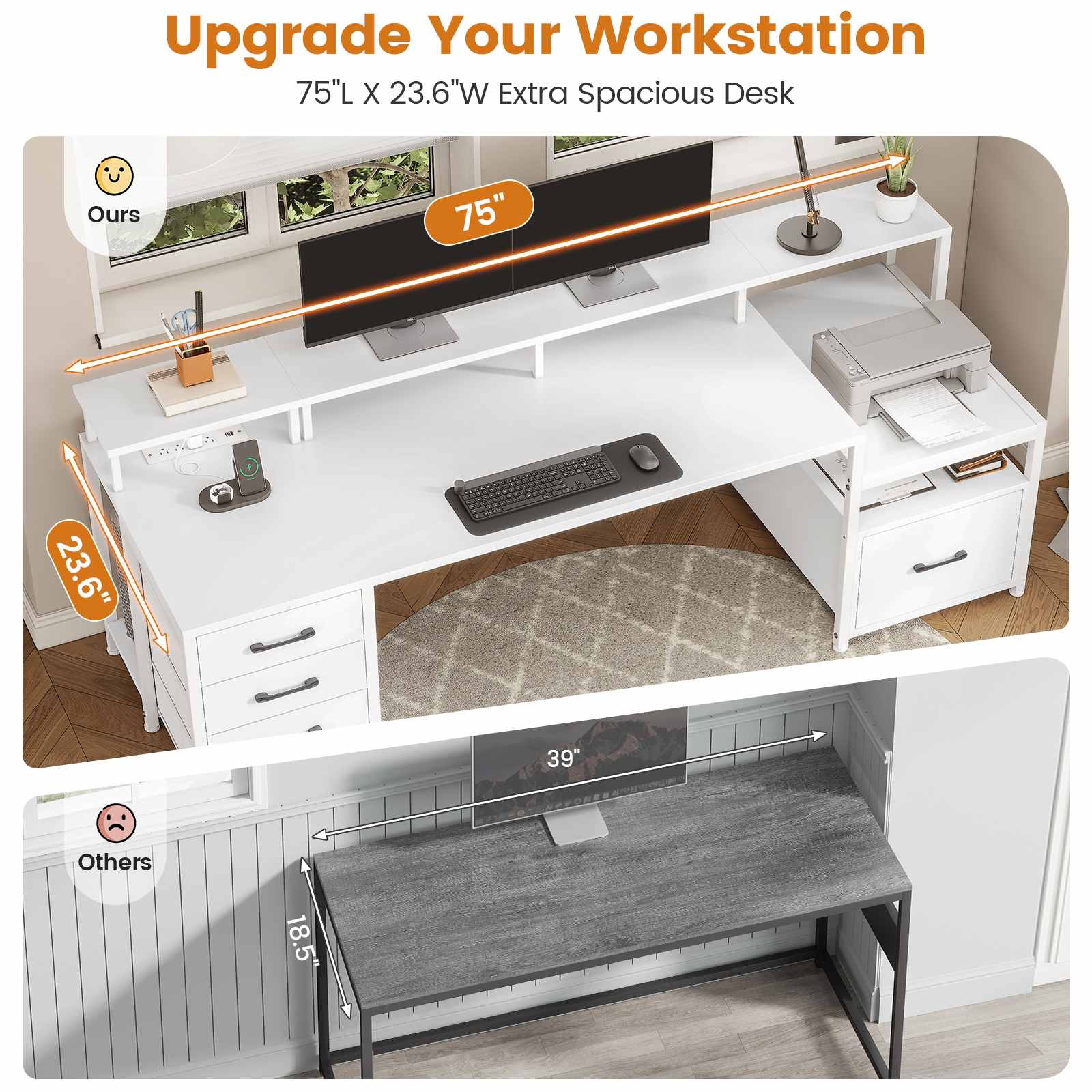 Sikaic Gaming Desk 75 Inches Led Gaming Desk White White / Engineered Wood / Modern