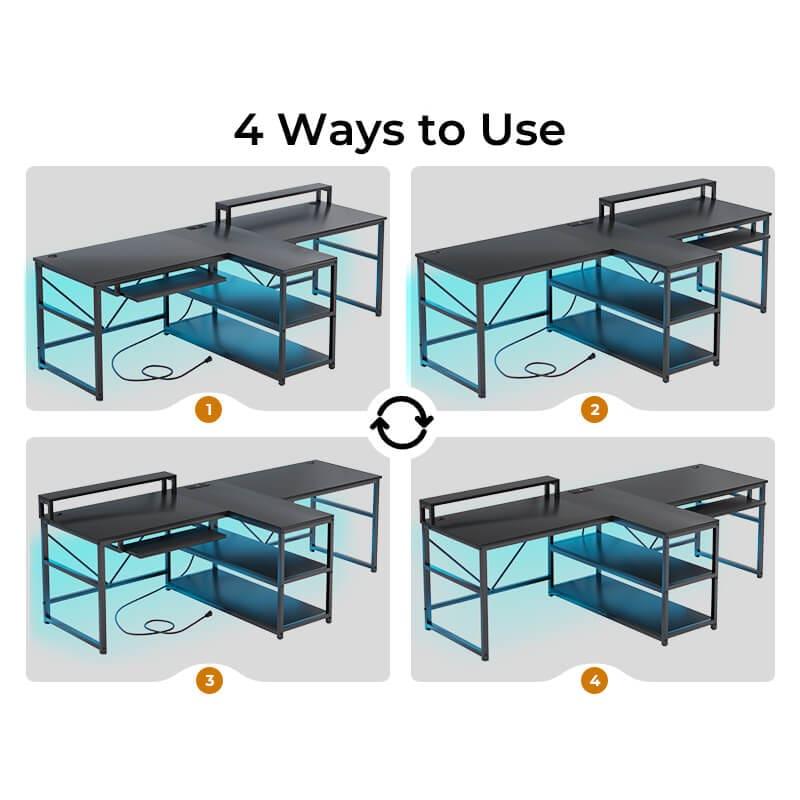 Sikaic 94.5" T Shaped 2 Person Modern Gaming Desk Computer Furniture with Storage LED Lights Black