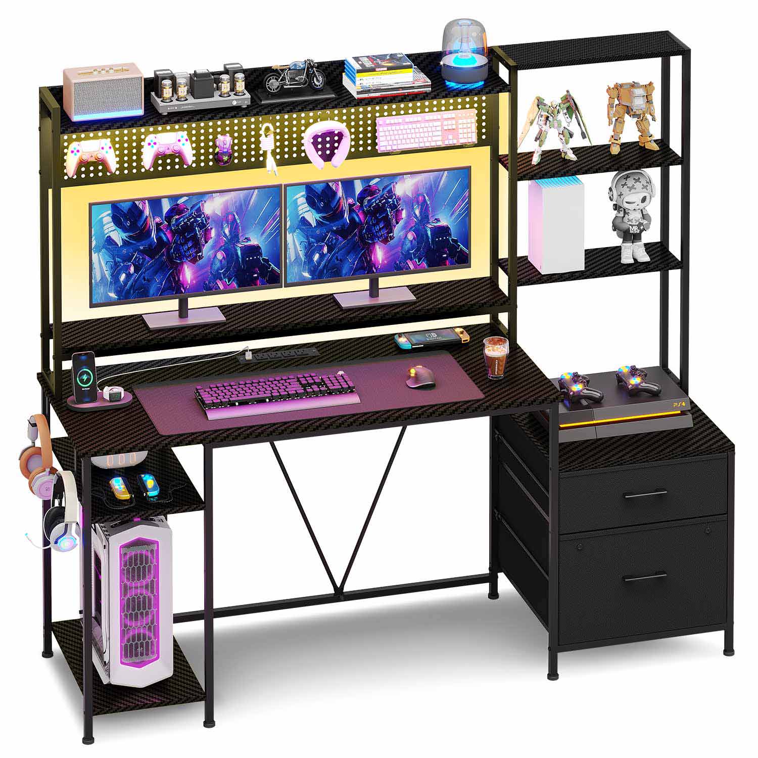 Sikaic Gaming Desk 65in Reversible LED Gaming Desk Black Carbon Fiber Black / Engineered Wood / Modern