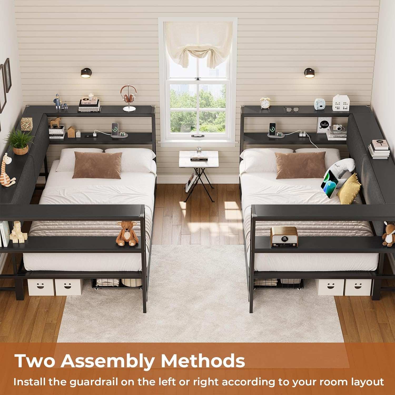 Sikaic Daybeds Twin Size Daybeds with Charging Station and Storage Shelves Black Black / Twin / Modern