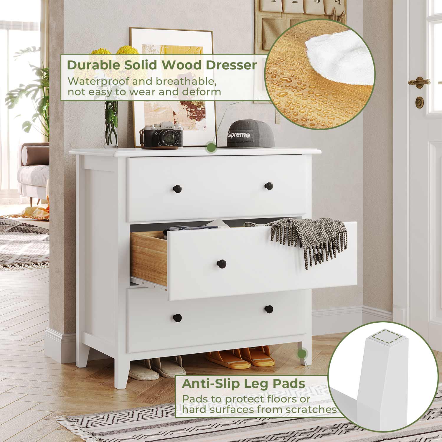 Sikaic Dresser 27.5''W Large Capacity Solid Wood Dresser with 3 Drawers Storage Cabinet White
