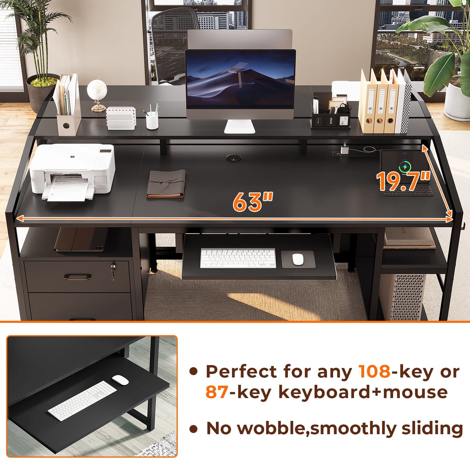 Sikaic Gaming Desk 63 Inches Gaming Desk with LED Light Drawers Black