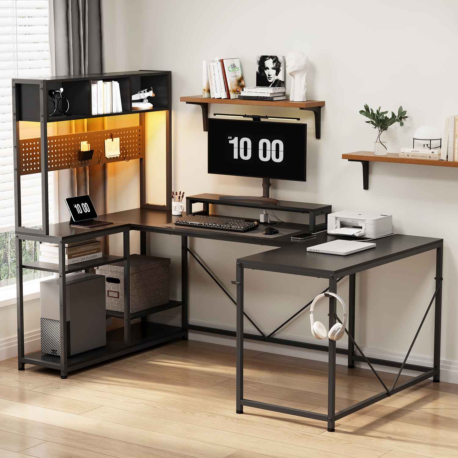 Sikaic Gaming Desk Reversible U-shaped Led Gaming Desk with Power Outlets And Monitor Stand Black Black / Engineered Wood / Modern