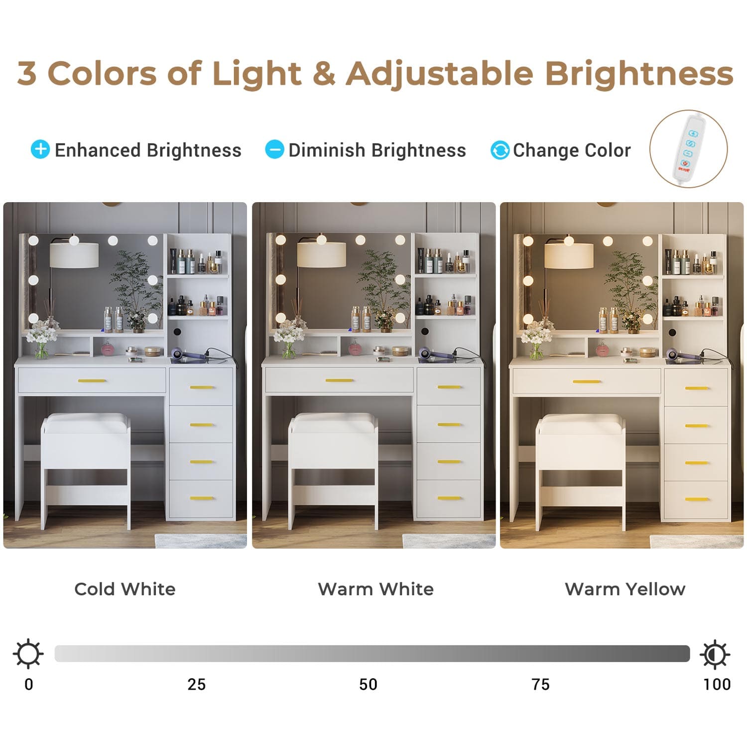 Sikaic Makeup Vanity LED Makeup Vanity Set with Mirror Cushioned Stool Charging Station Open Storage Shelves White